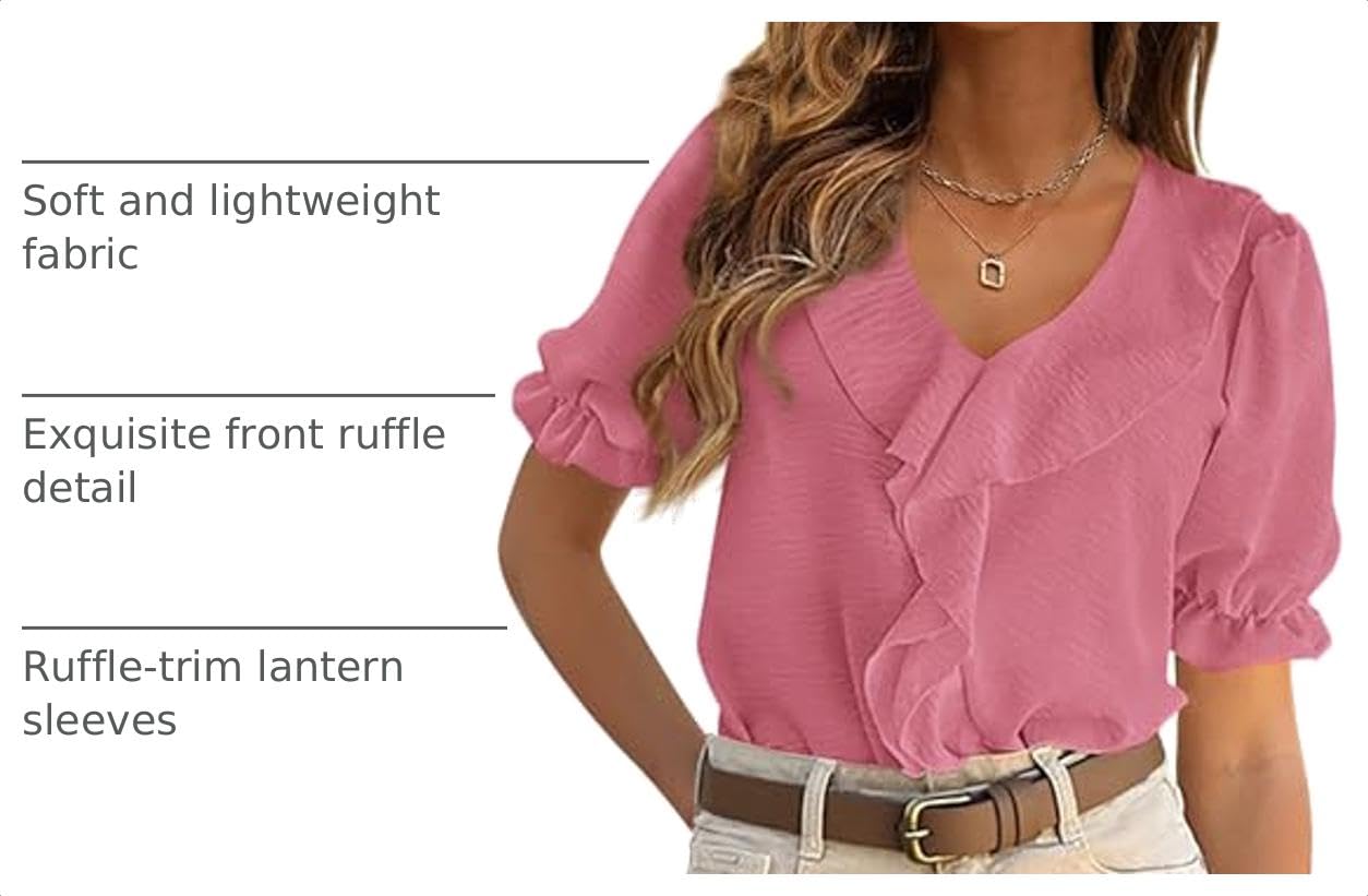 Women's Summer Ruffle Dressy Casual Blouses (Dark Pink,S)