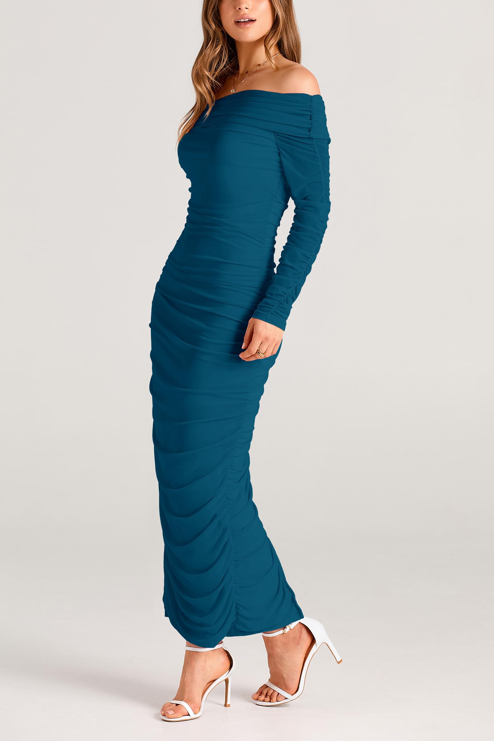 Women's Off the Shoulder Maxi Bodycon Dress, Lake Blue,S