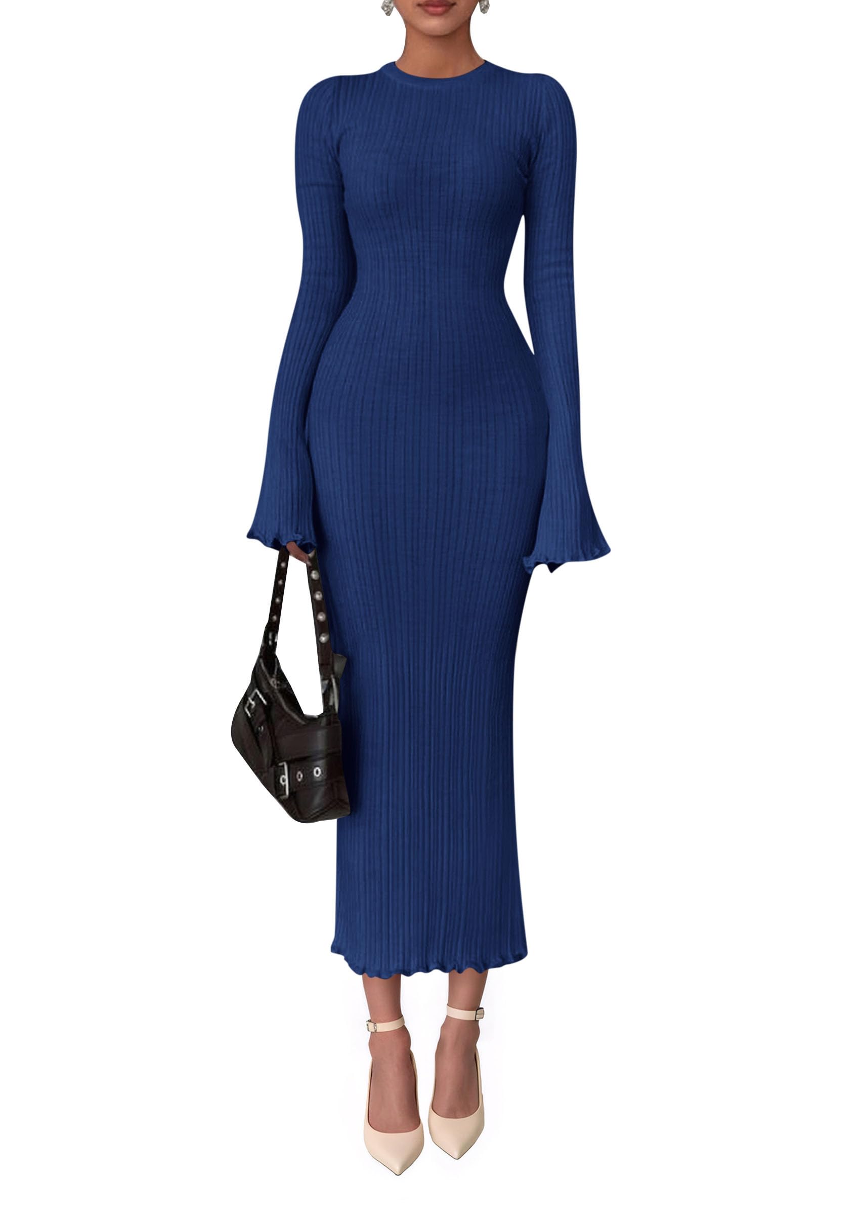 Women's Sweater Dress Long Sleeve Maxi Dresses,Royal Blue,S