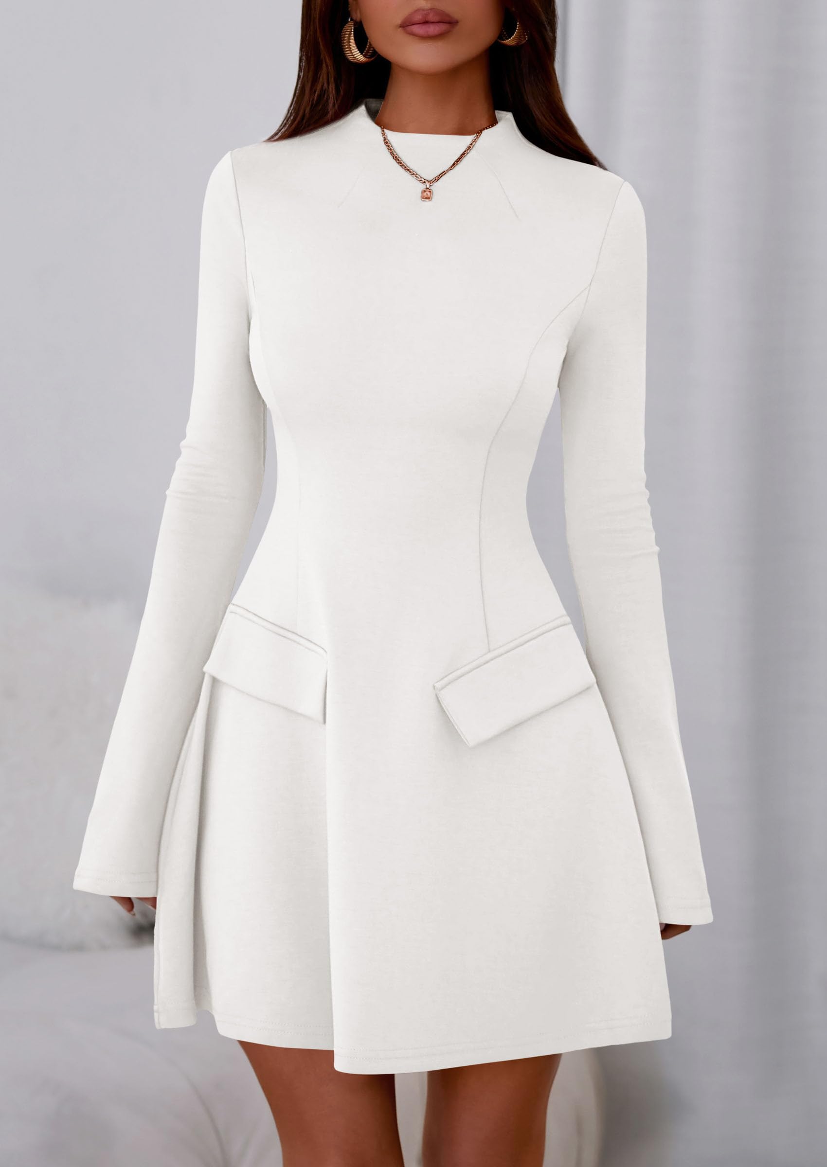 Women's Fall Bell Sleeve Short Dress,White,XS
