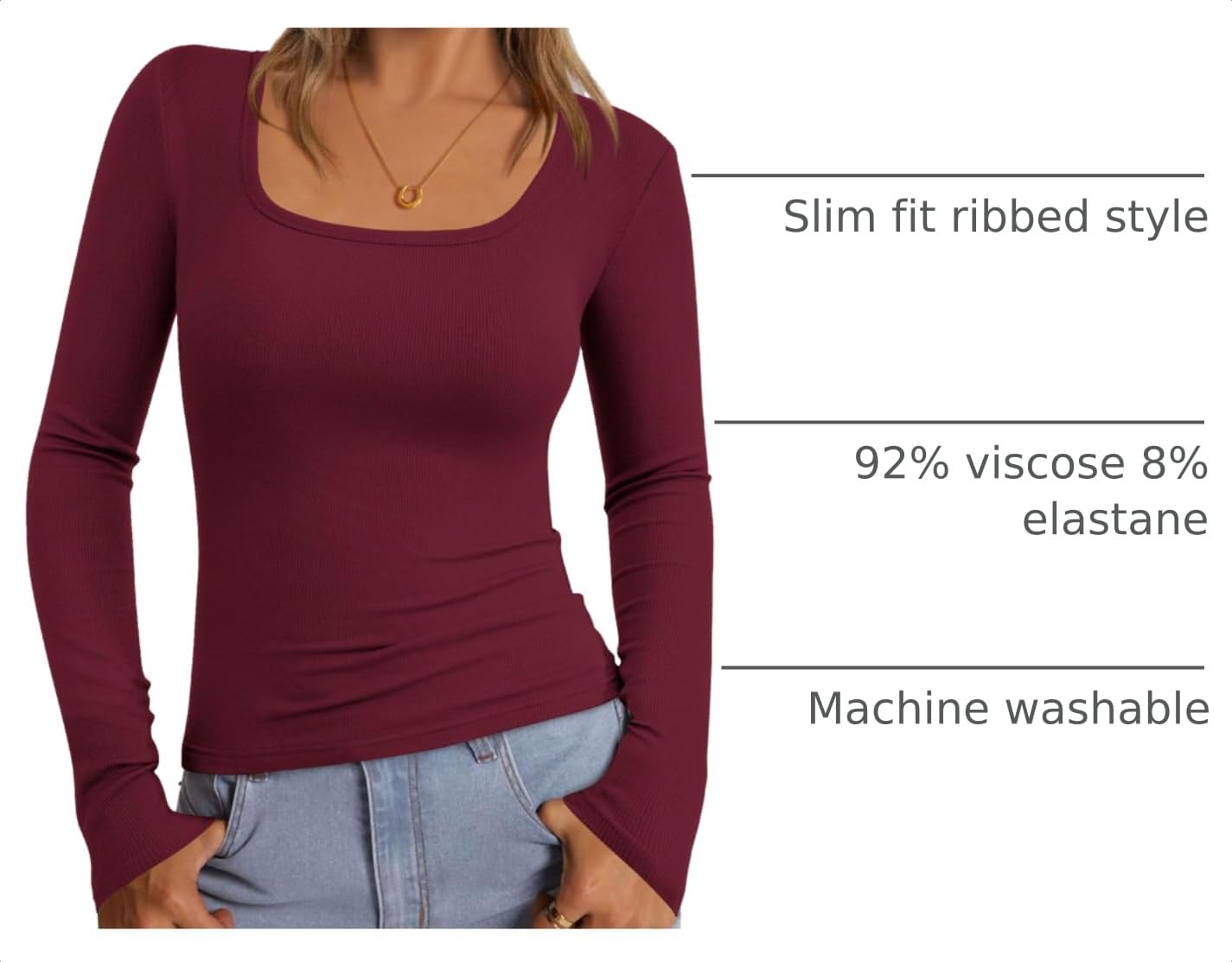 Square Neck Long Sleeve Shirts for Women Wine Red,L