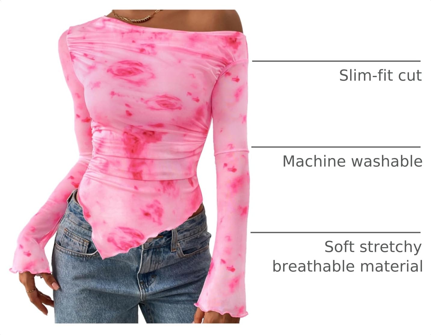 Womens Off Shoulder Mesh Y2k Tops,Floral Pink Red,XS