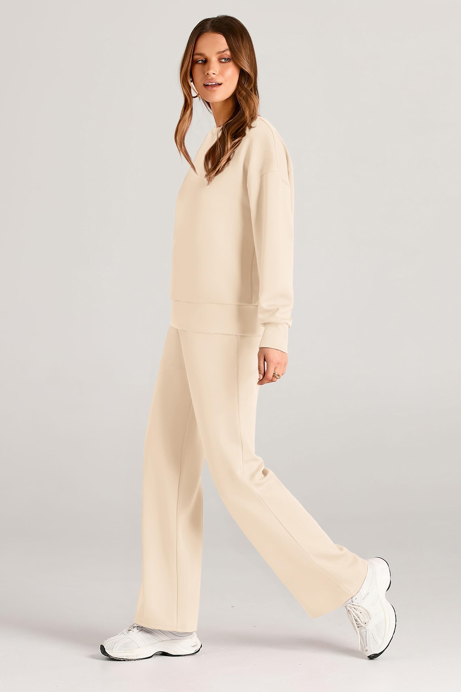 Womens 2 Piece Outfits 2025 Fall Long Sleeve Sweatshirt Wide Leg Pants Lounge Sets Winter Sweatsuits Tracksuit (Beige,Small)