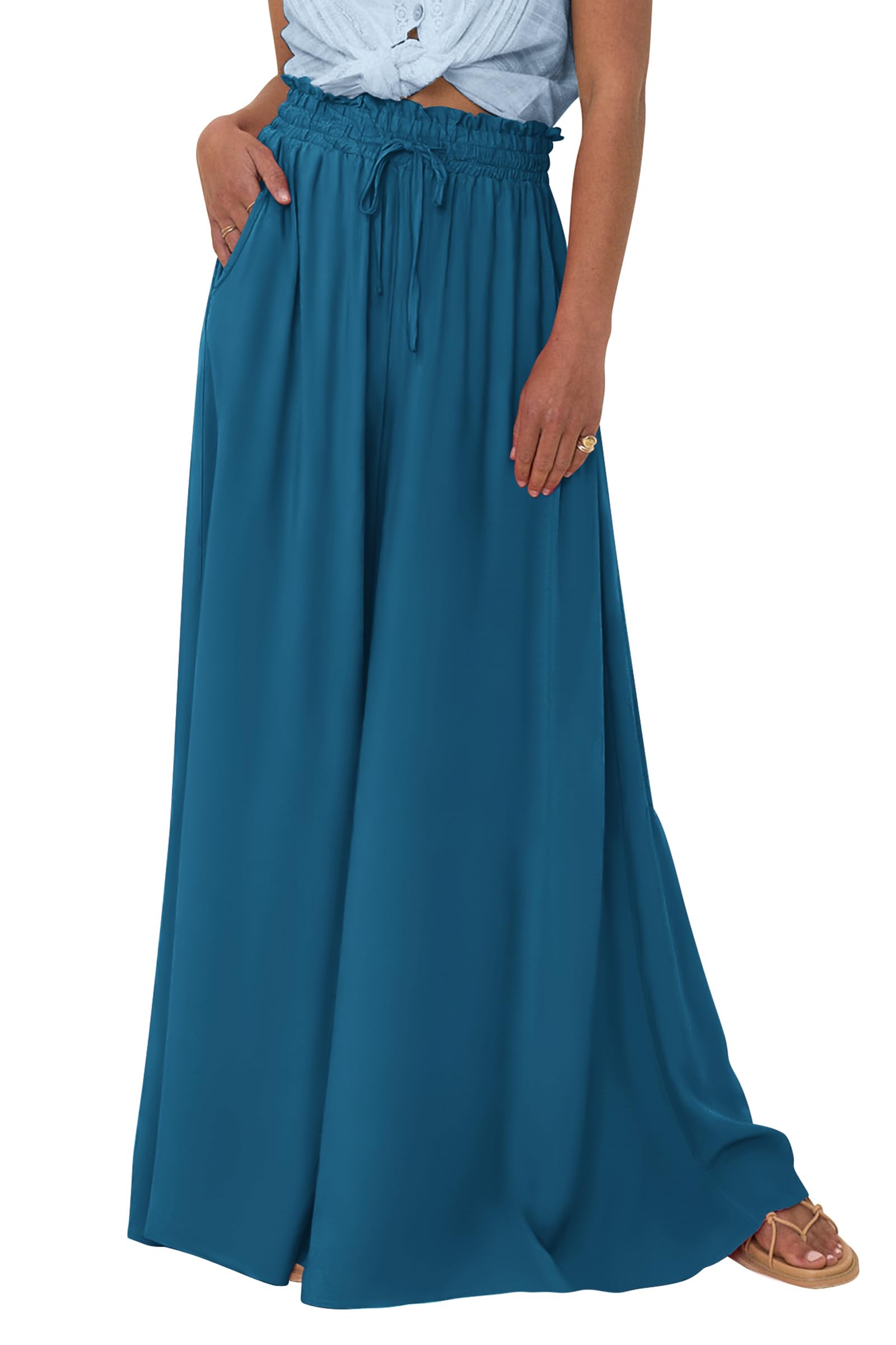 Summer Wide Leg Palazzo Pants for Women Casual,Lake Blue,S