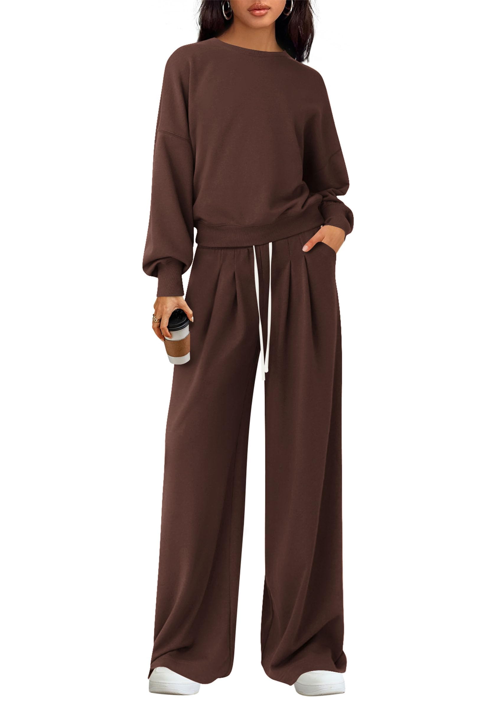 Womens Loose Fit Casual 2 Piece Lounge Set,Brown,S