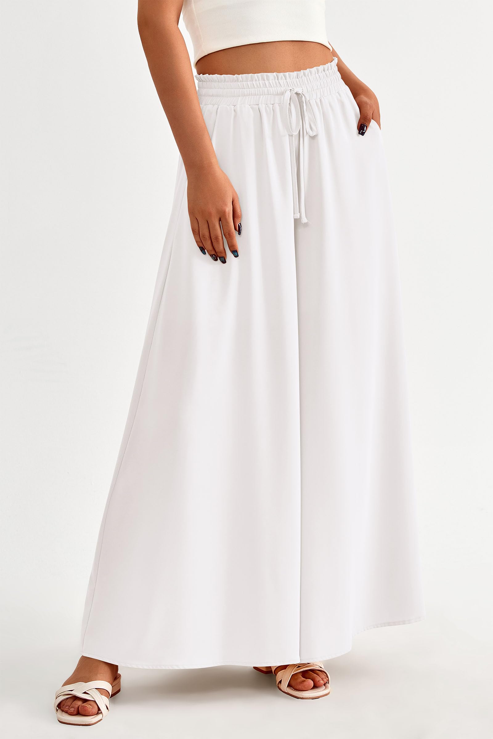 Summer Wide Leg Palazzo Pants for Women Casual,White,S