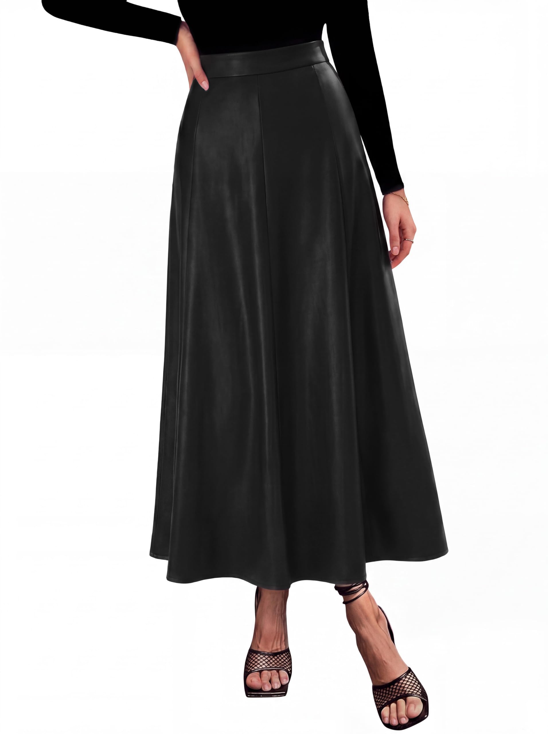 Womens Faux Leather High Waisted Midi Skirt,Black,S