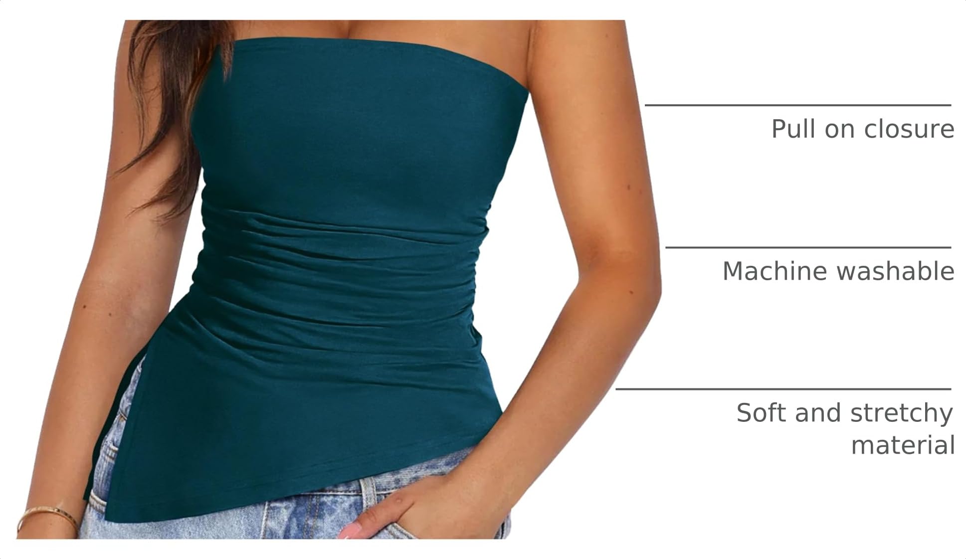 Women's Ruched Asymmetrical Strapless Tube Top, Dark Blue,S