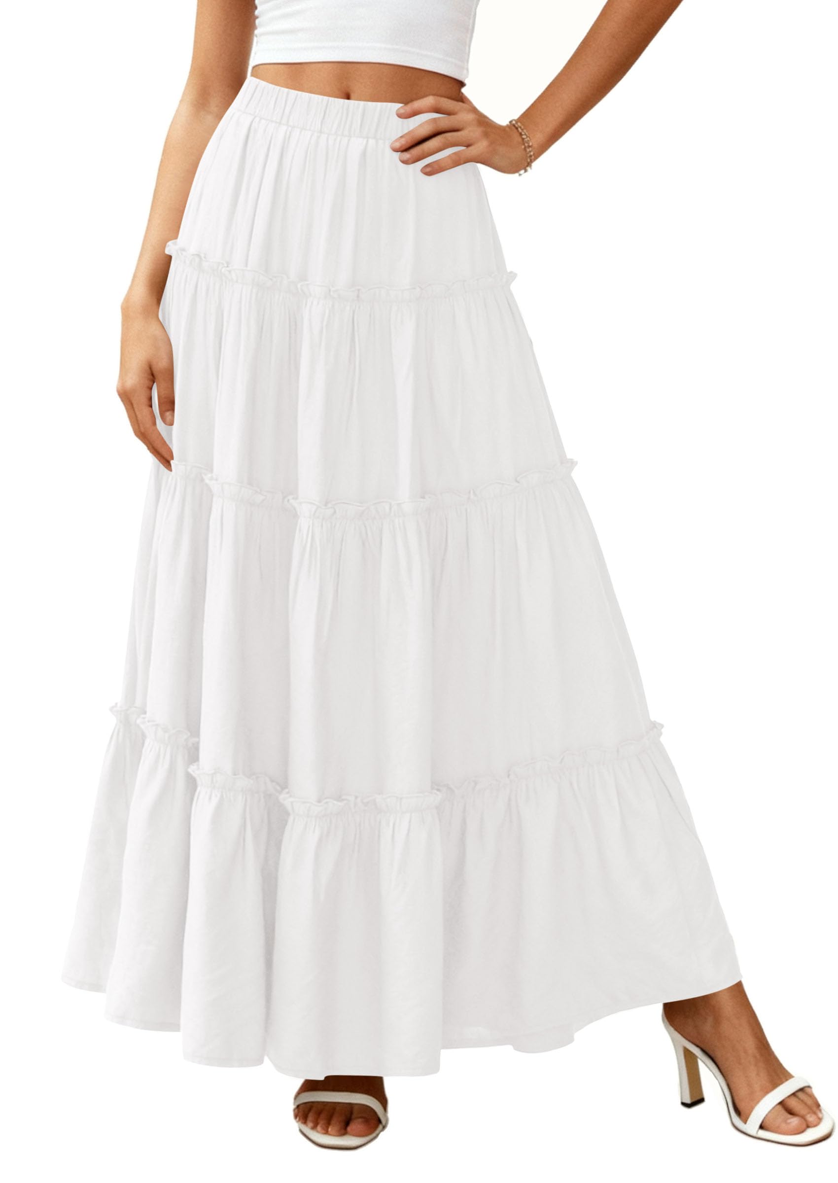 Women's Boho Tiered Ruffle Flowy Maxi Skirt, White,M