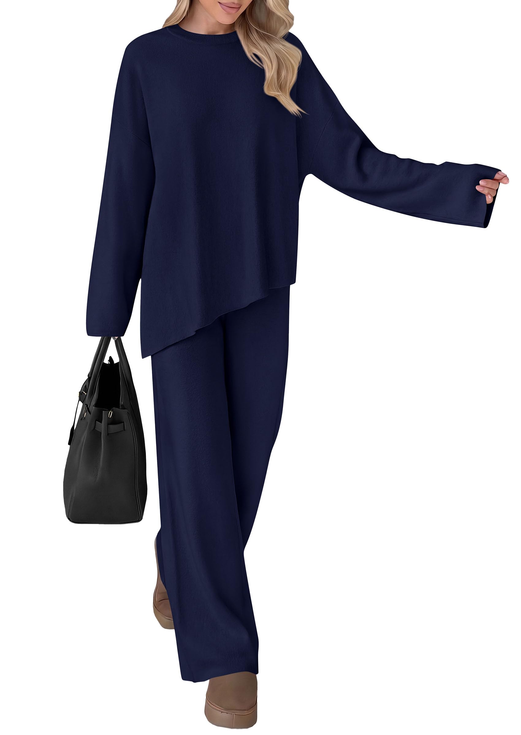 Womens Fall 2 Piece Asymmetric Cozy Sweater Travel Lounge Sets