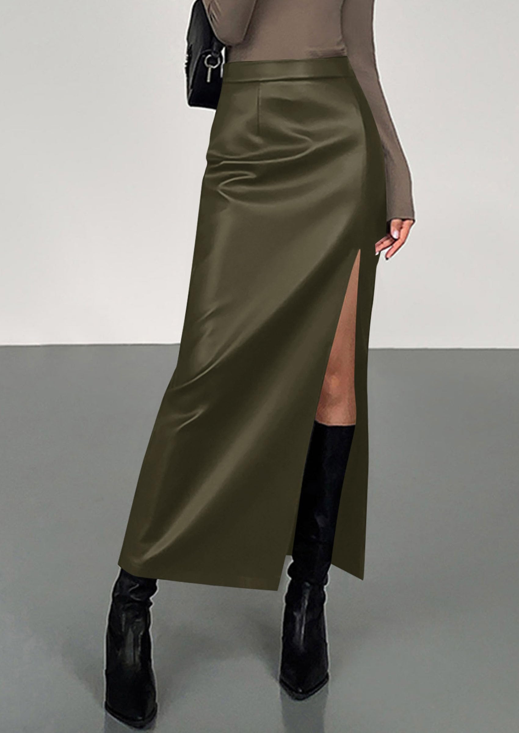 Women's Faux Leather Long Pencil Skirt,Dark Army Green,XS