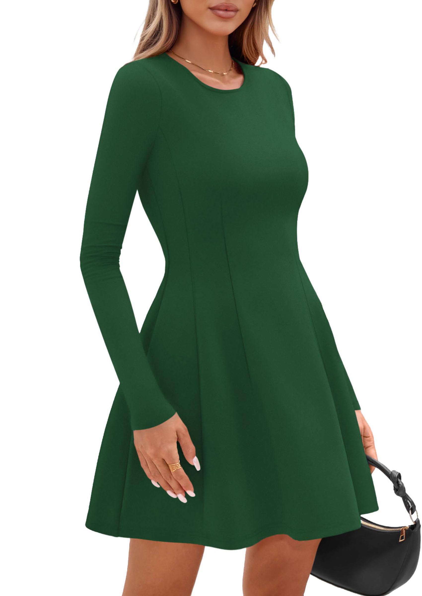 Womens Long Sleeve Pleated Mini Dress,Green,XS