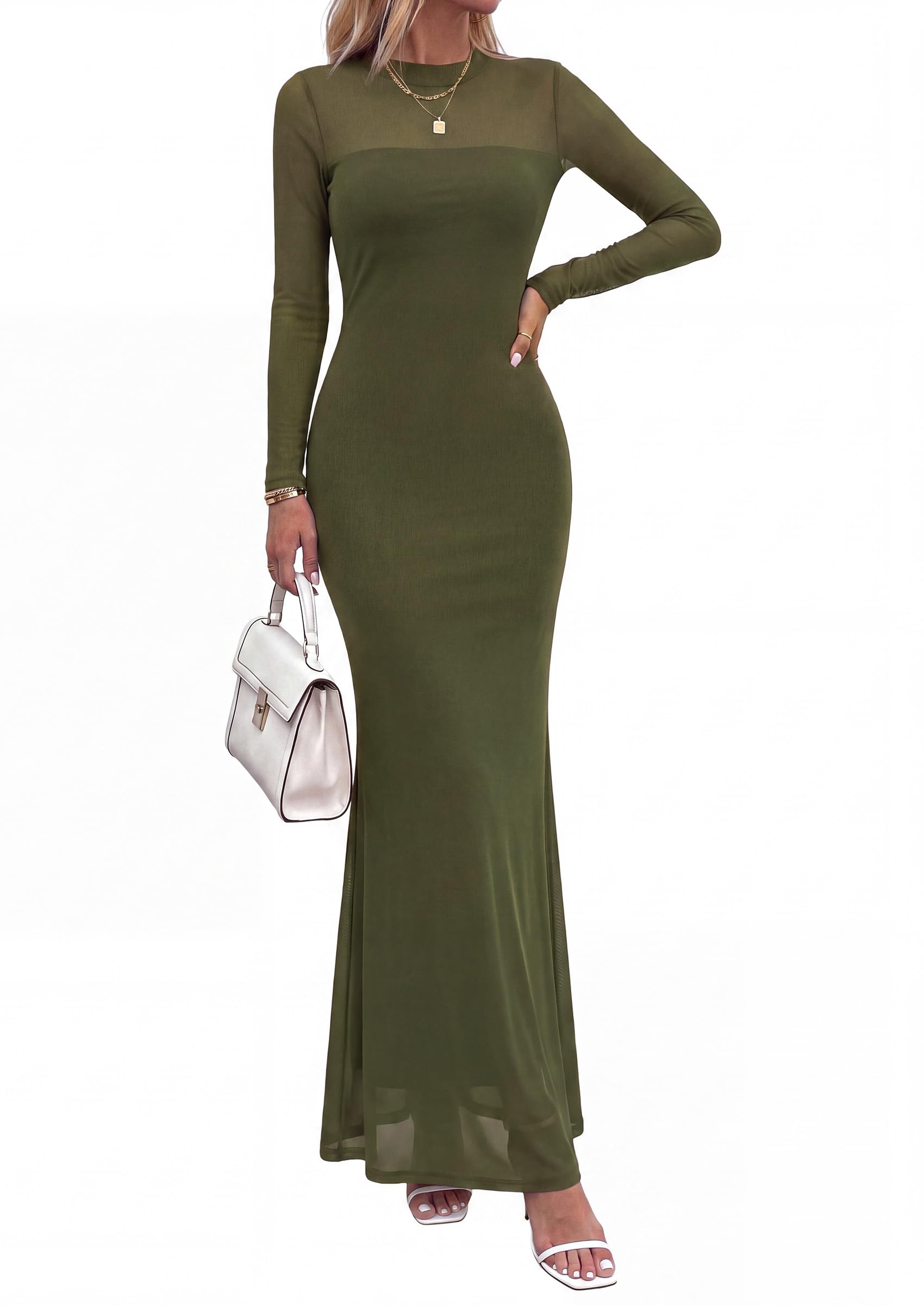 Women's Long Sleeve Formal Mesh Fall Wedding Guest Maxi Dress