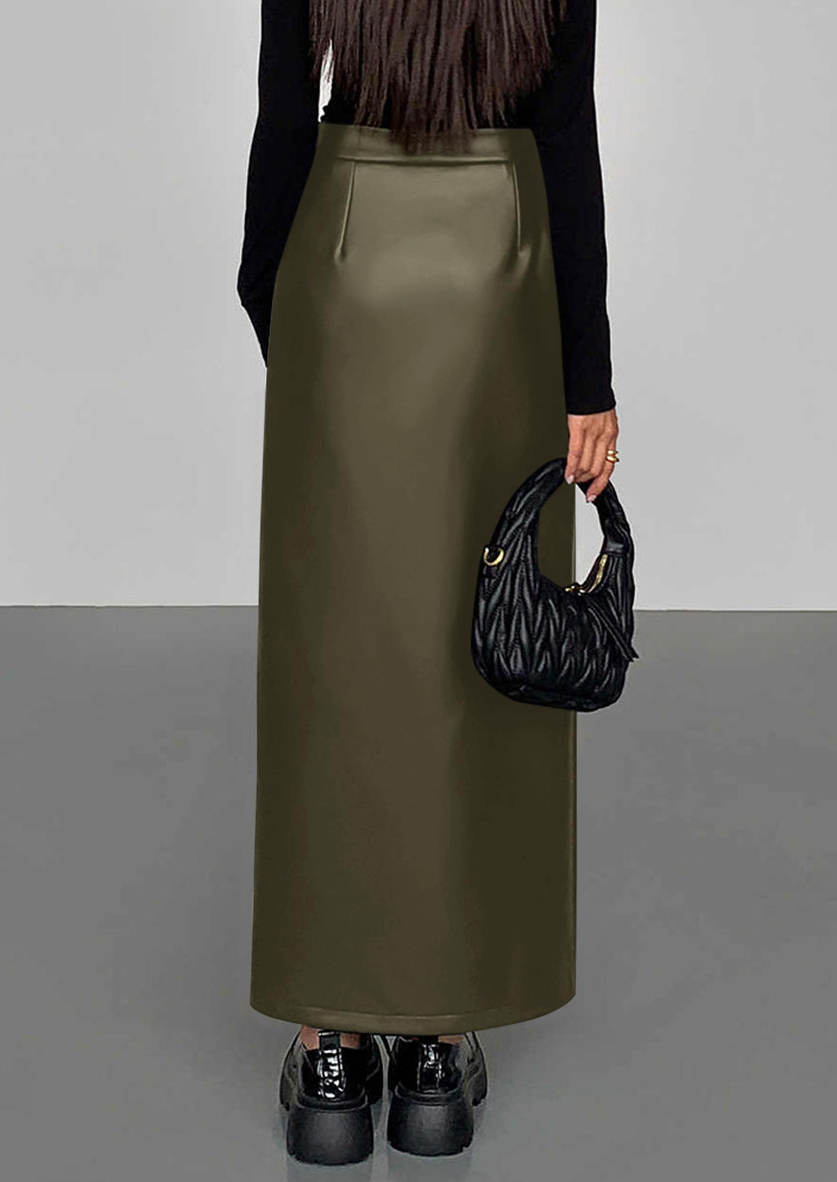 Women's Faux Leather Long Pencil Skirt,Dark Army Green,XS