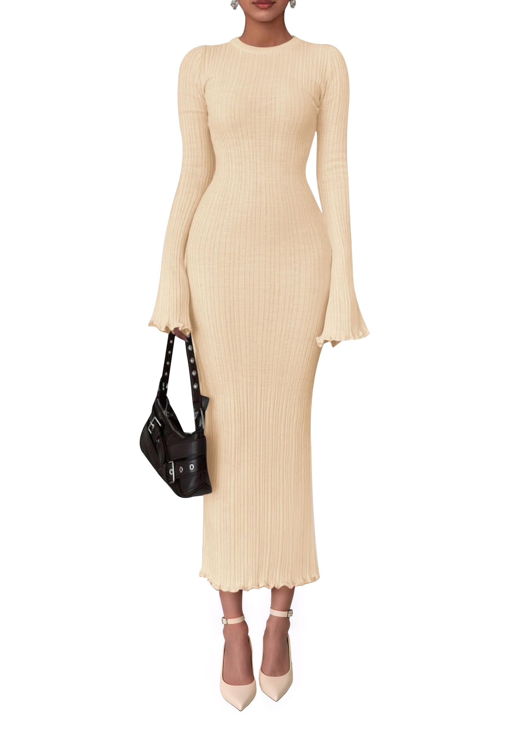 Women's Sweater Dress Long Sleeve Maxi Dresses,Beige,L