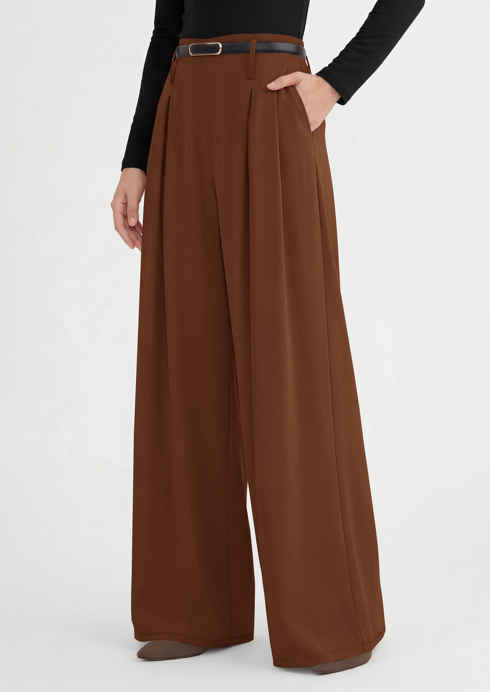Womens Wide Leg Dress Pants Flowy Trousers,Red Brown,S