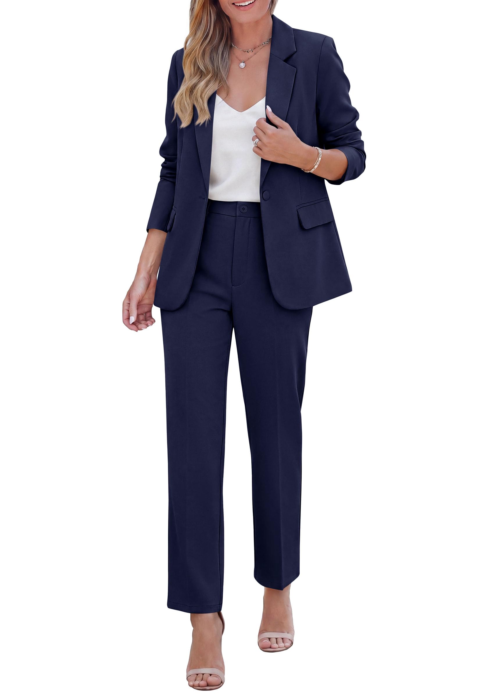 Two Piece Sets for Women Dressy Pant Suits,Navy Blue,M