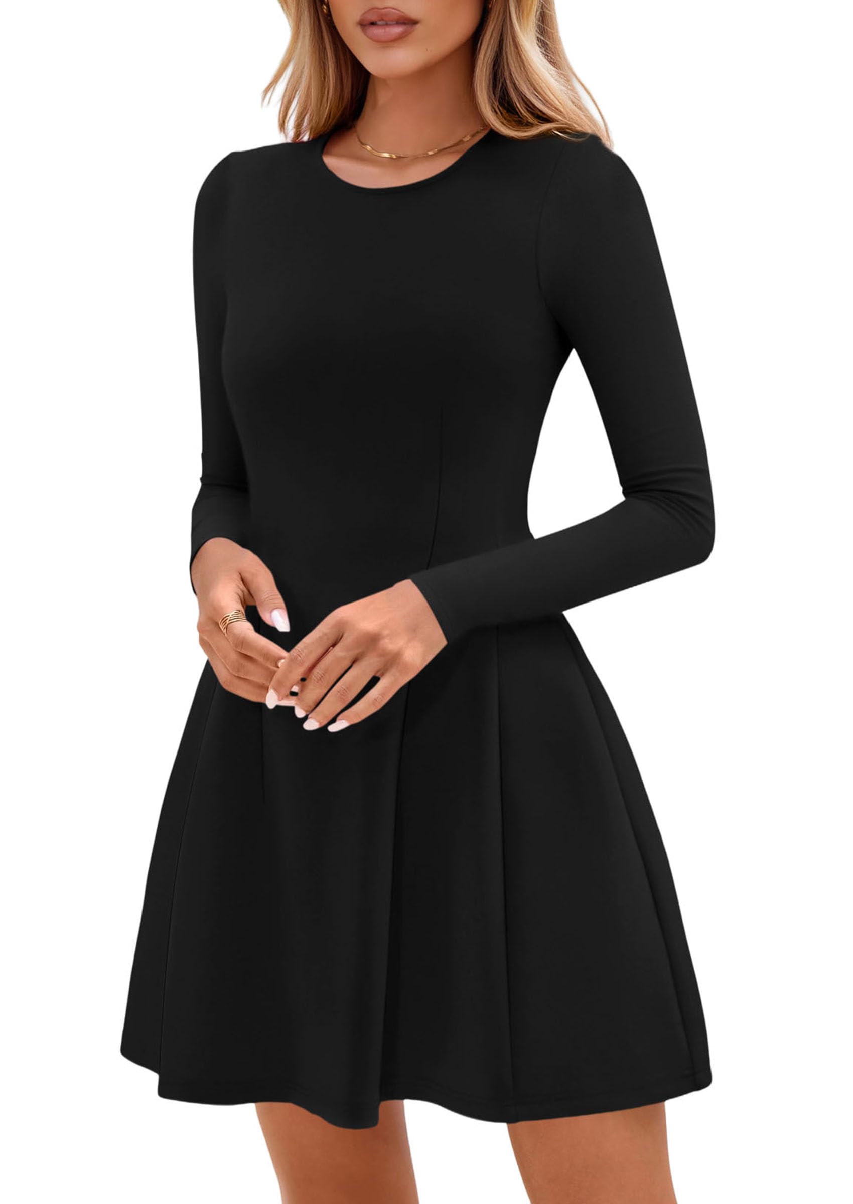 Womens Long Sleeve Pleated Mini Dress,Black,XS