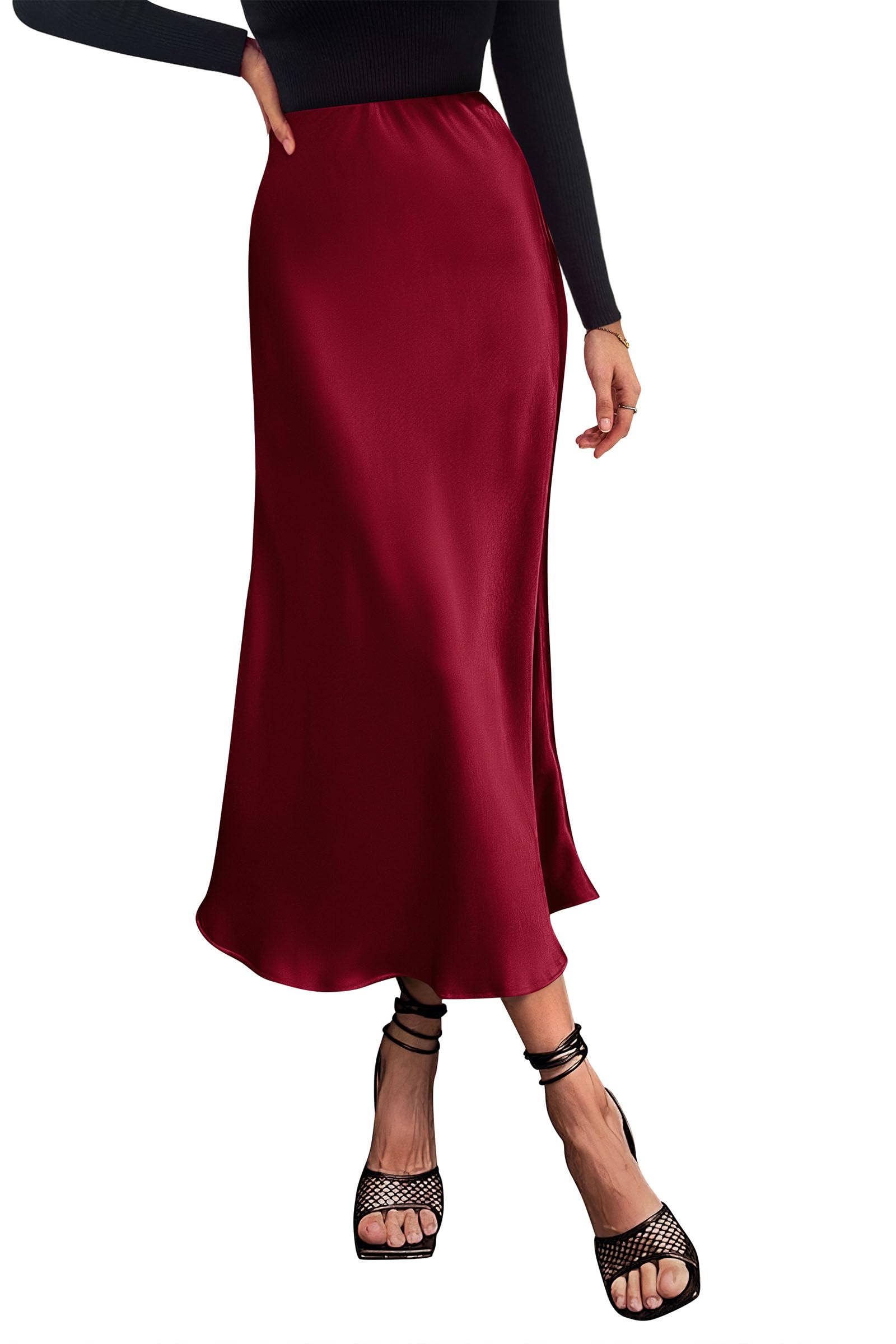 Women's Satin Midi Skirts Dressy Casual,Wine Red,S