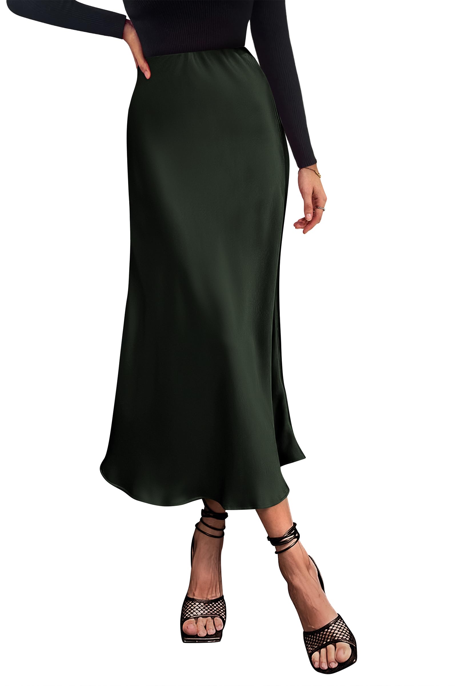 Women's Satin Midi Skirts Dressy Casual,Dark Army Green,S