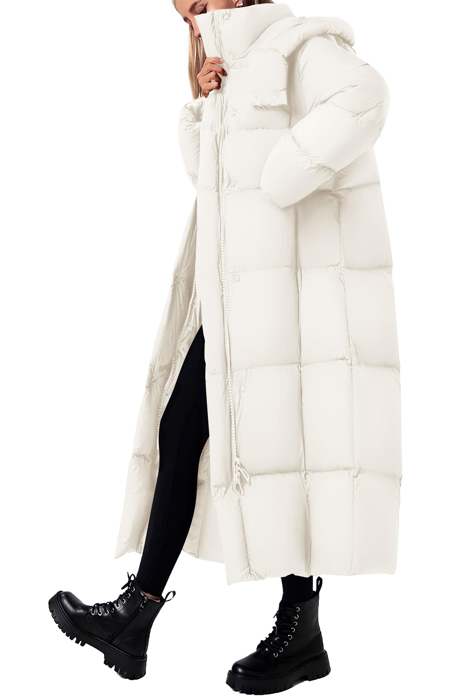 Women's Winter Long Puffer Coats Hooded Zip Up Casual Thickened Down Jackets Trendy Warm Clothes Outerwear (Beige,Medium)