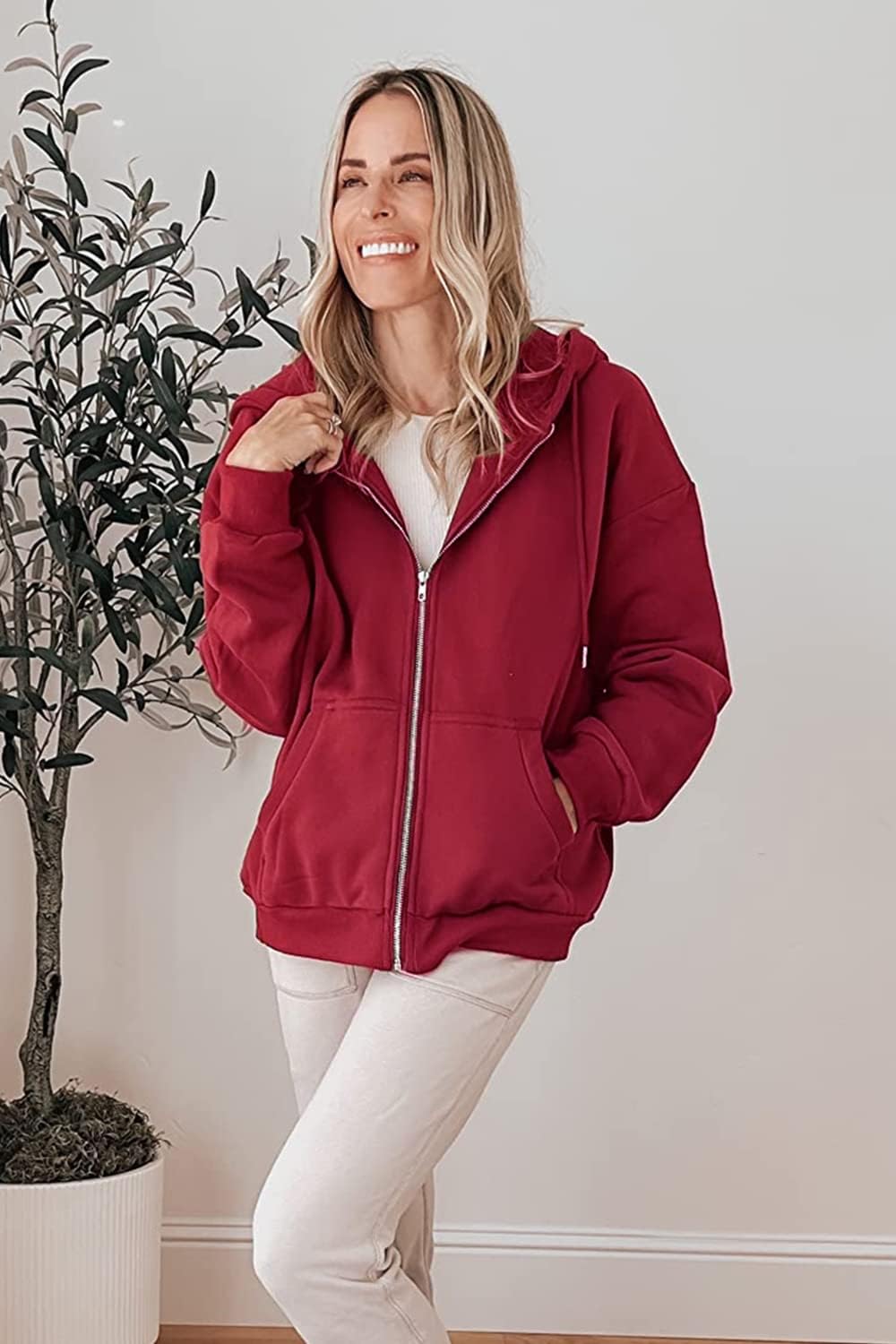 Women's Fall Zip Up Hoodies Sweatshirts Red