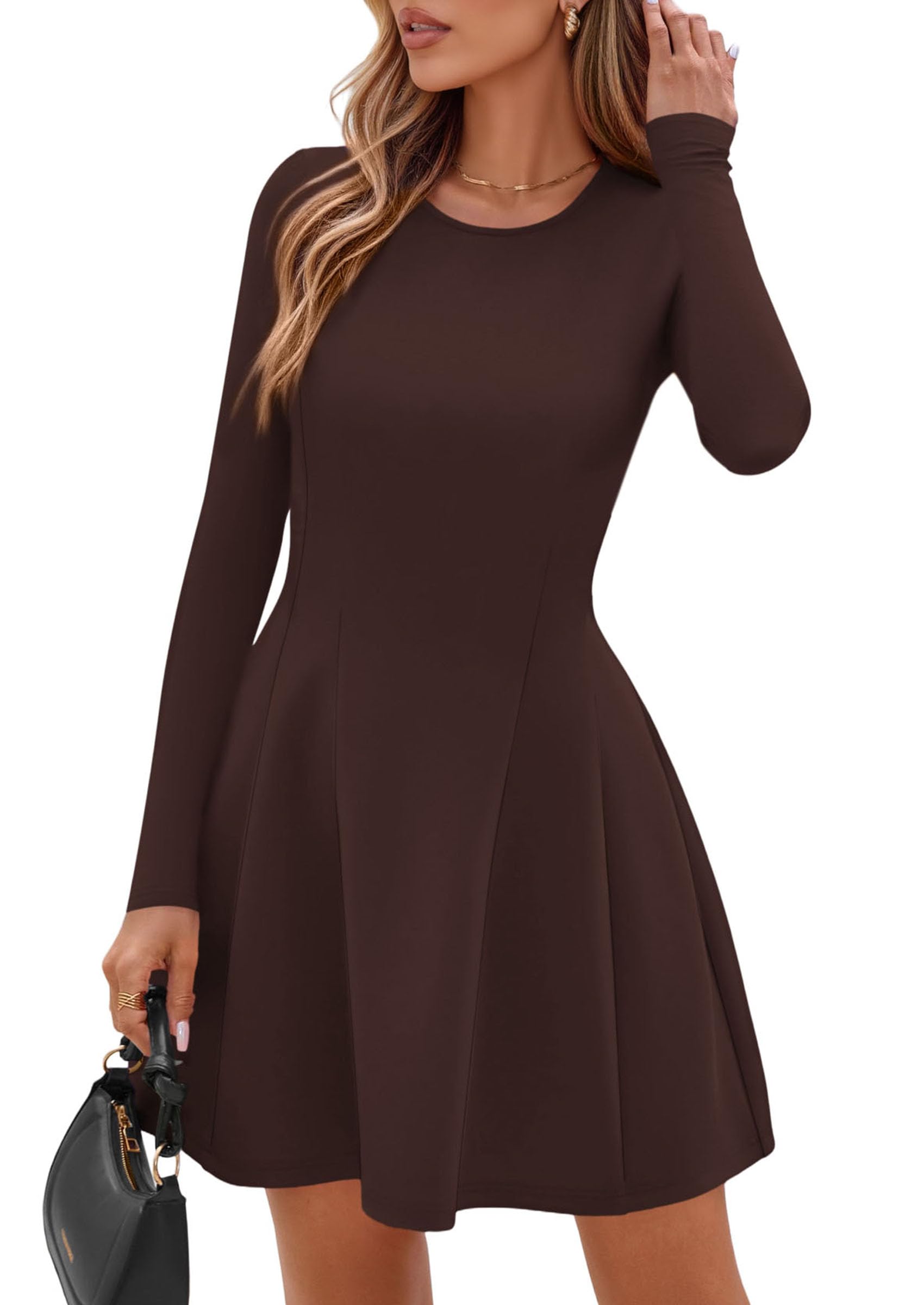 Womens Long Sleeve Pleated Mini Dress,Brown,XS