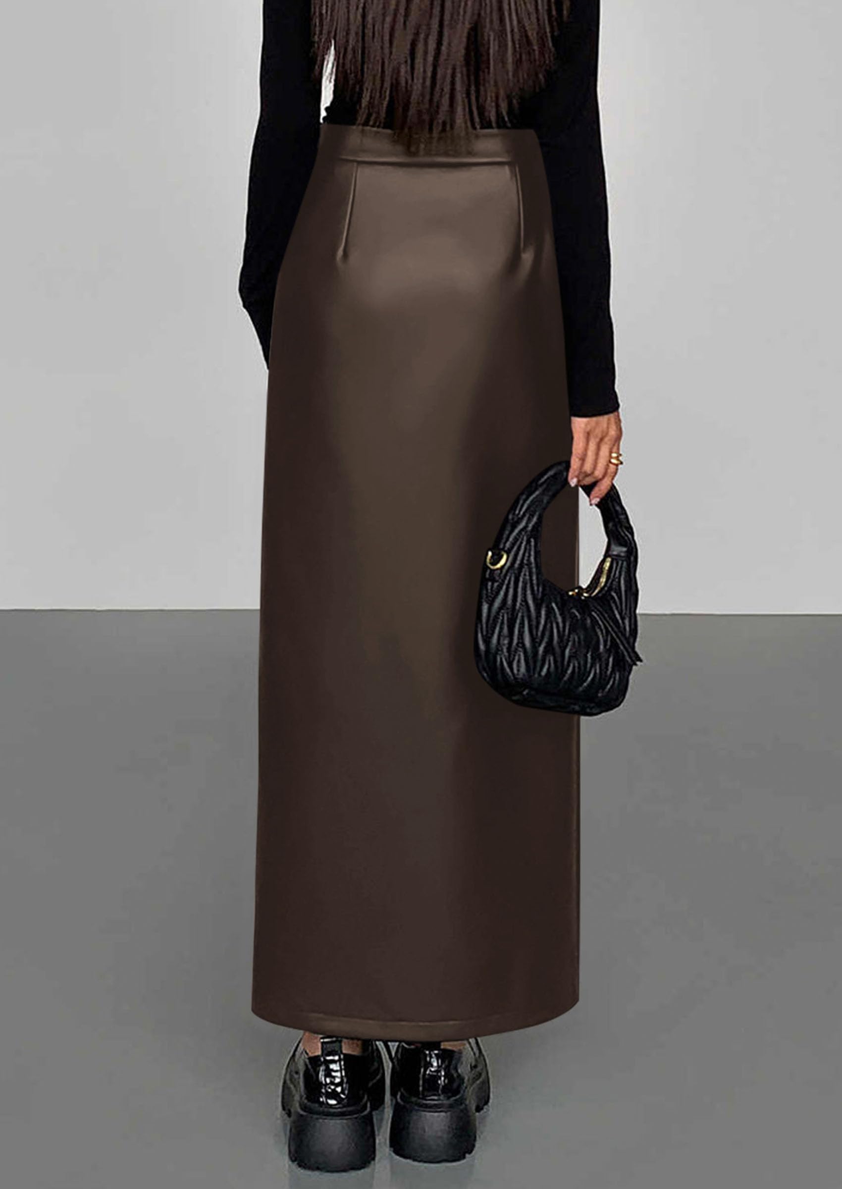 Women's Faux Leather Long Pencil Skirt,Brown,XS