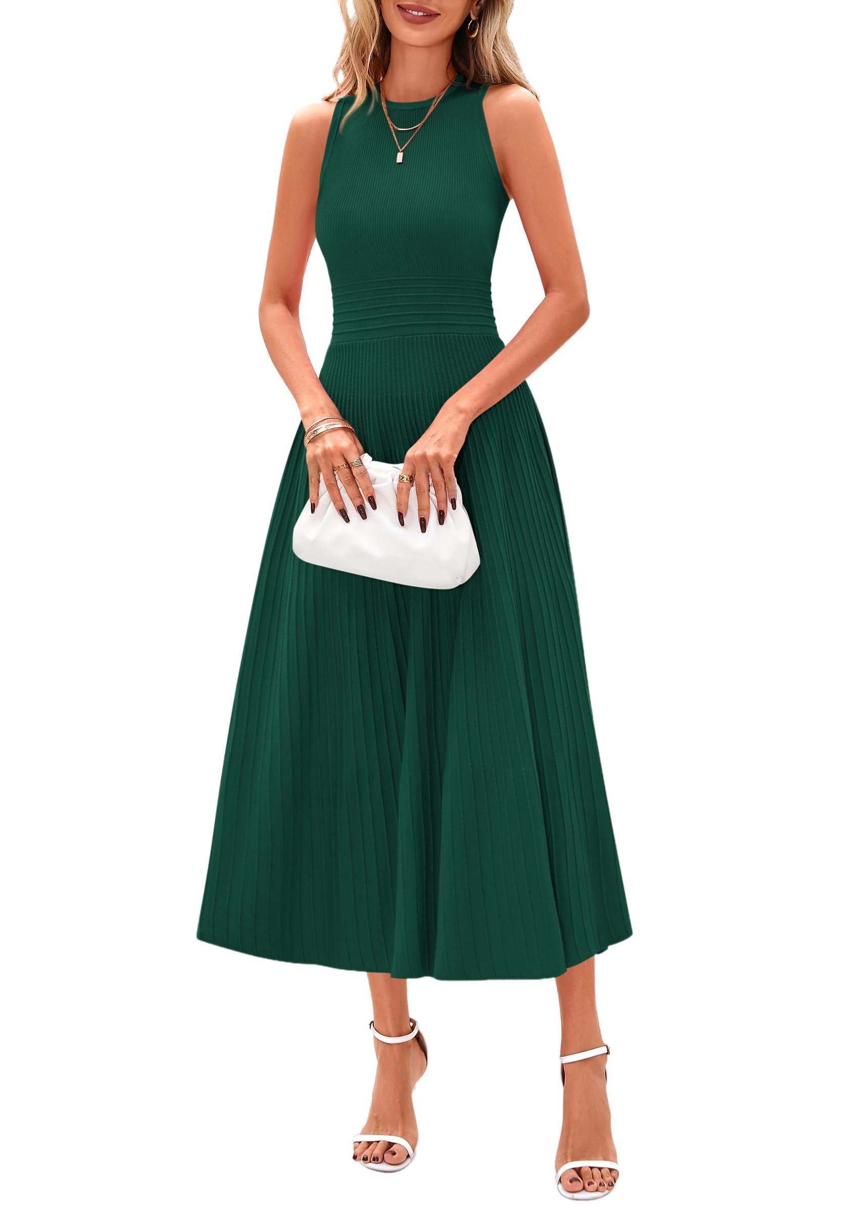 Women's Summer Pleated Midi Work Dress,Dark Green,S