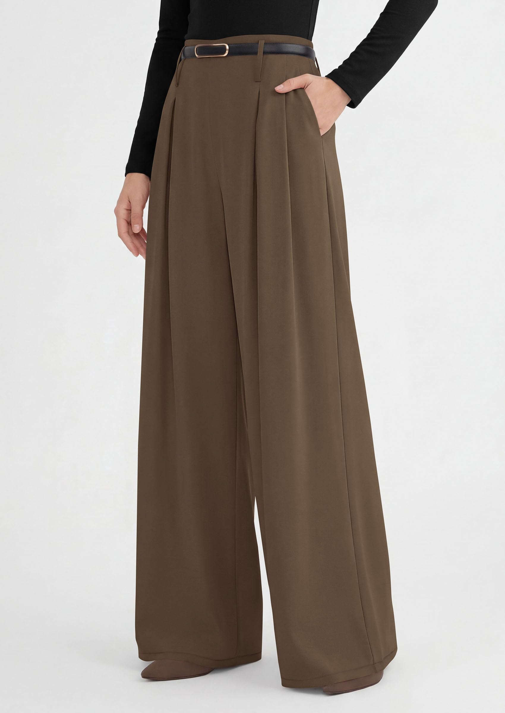 Womens Wide Leg Dress Pants Flowy Trousers,Light Brown,S