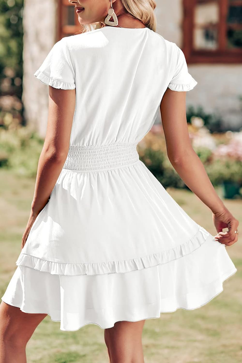 Women's Boho Floral Mini Tiered Bow Dress, White,M