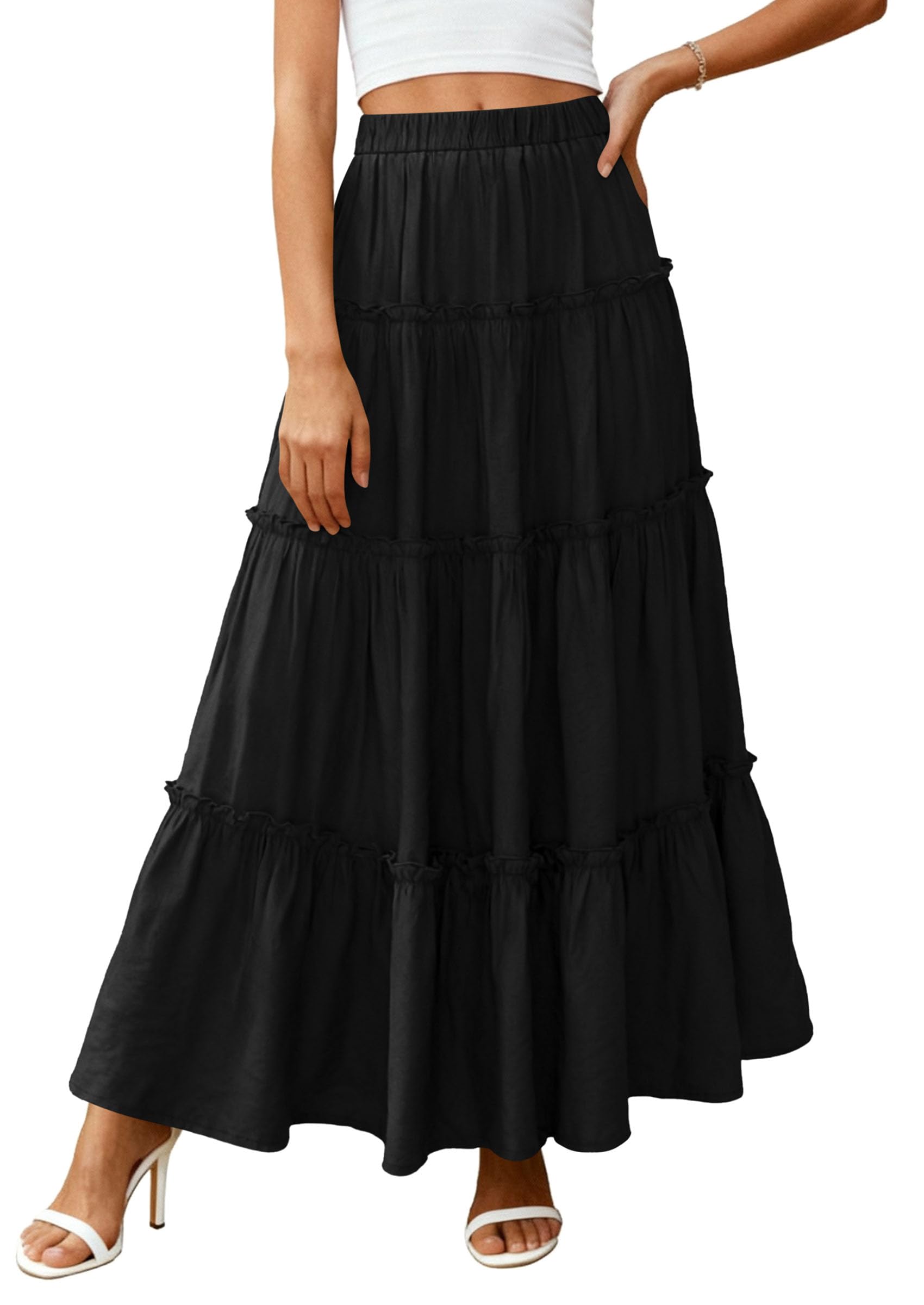Women's Boho Tiered Ruffle Flowy Maxi Skirt, Black,S
