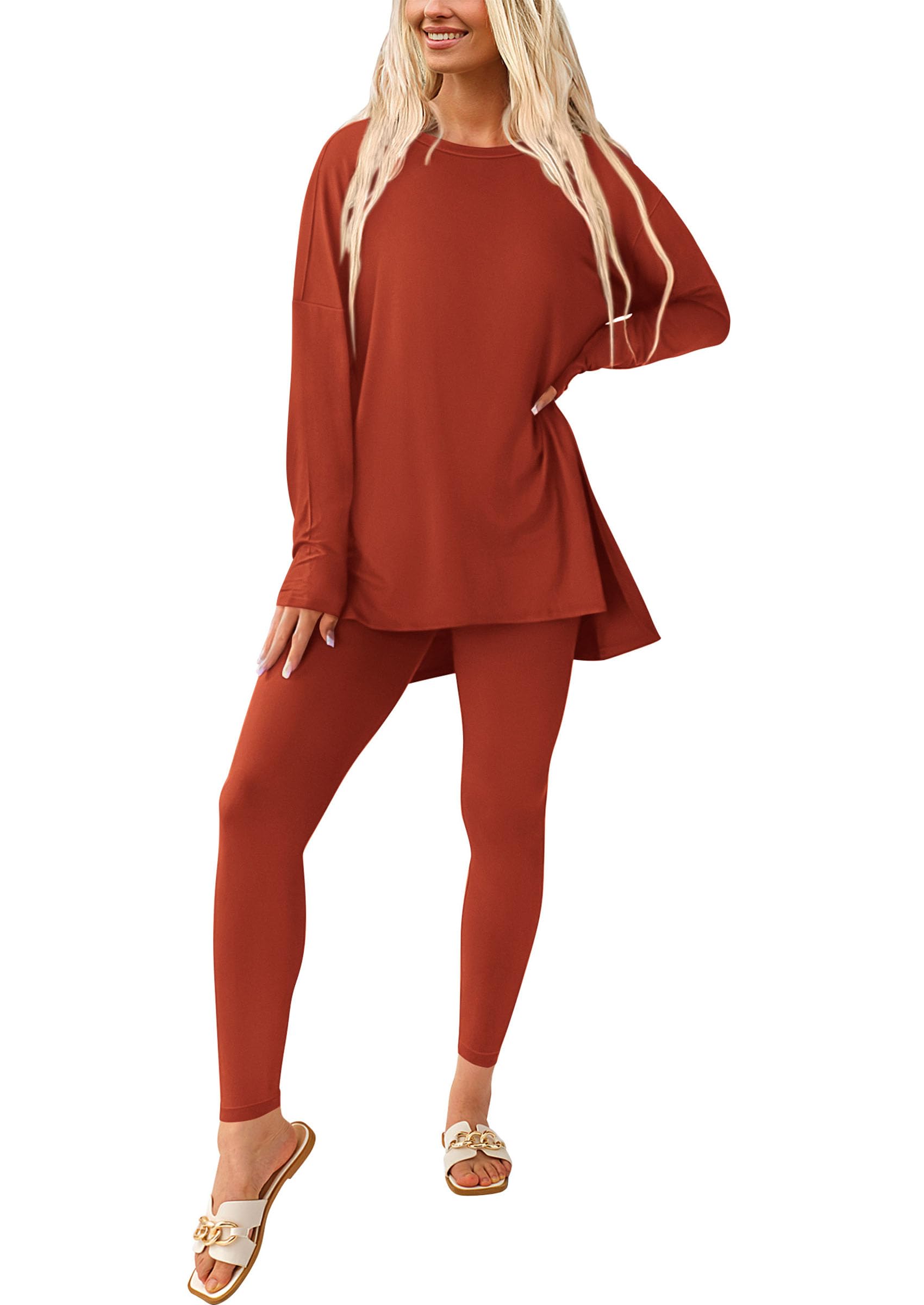 Women's 2 Piece Outfits Matching Lounge Sets,Brick Red,S