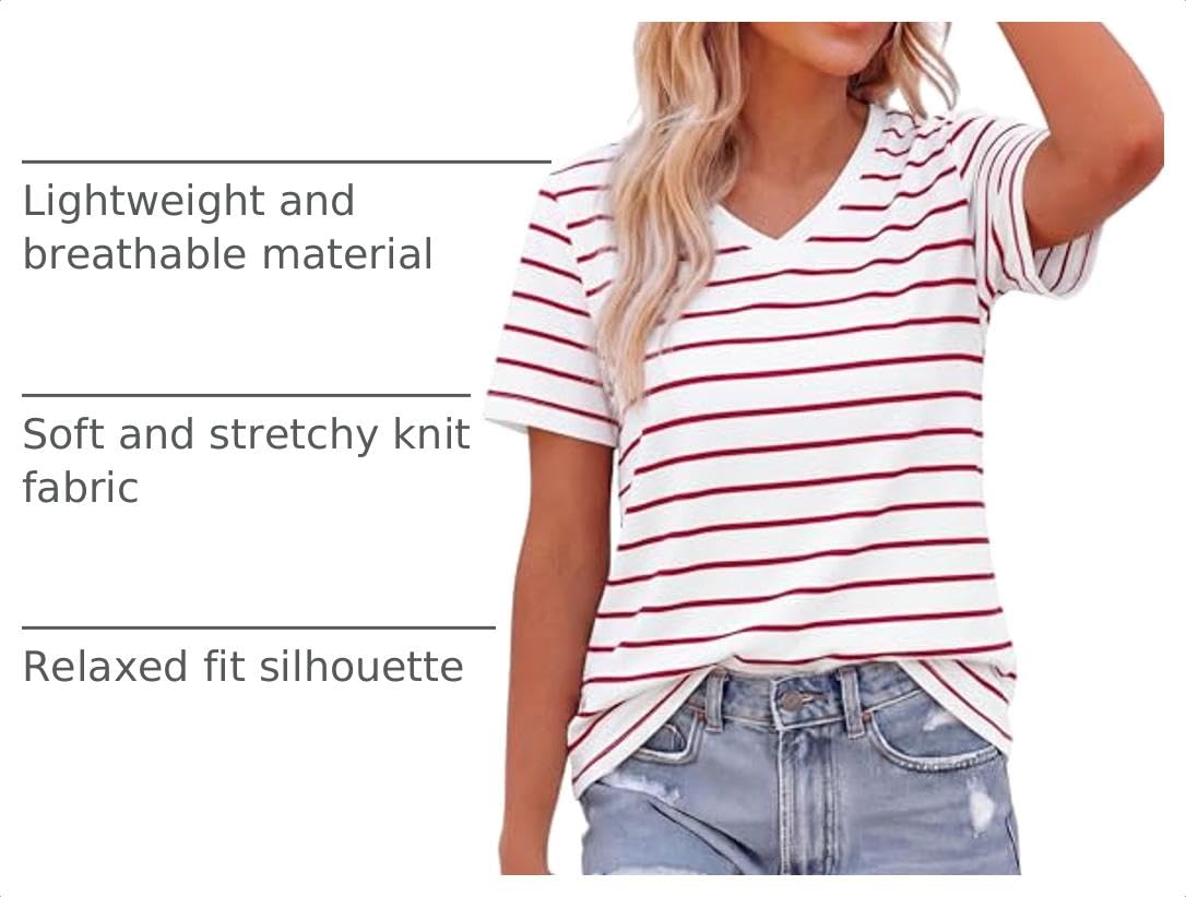 Striped Short Sleeve Womens Tops,Striped White Red,S