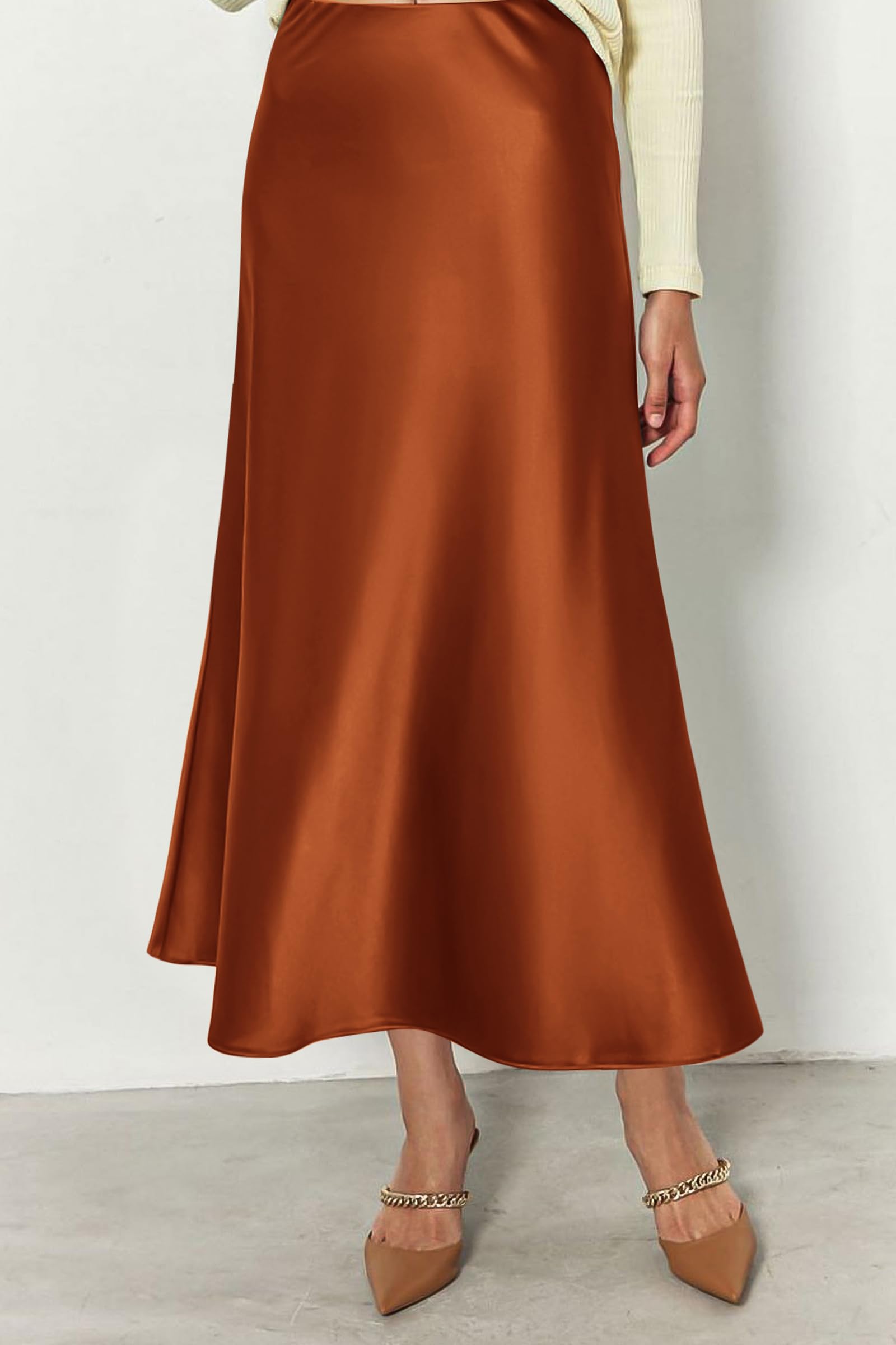 Women's Satin Midi Skirts Dressy Casual,Rust Red,S