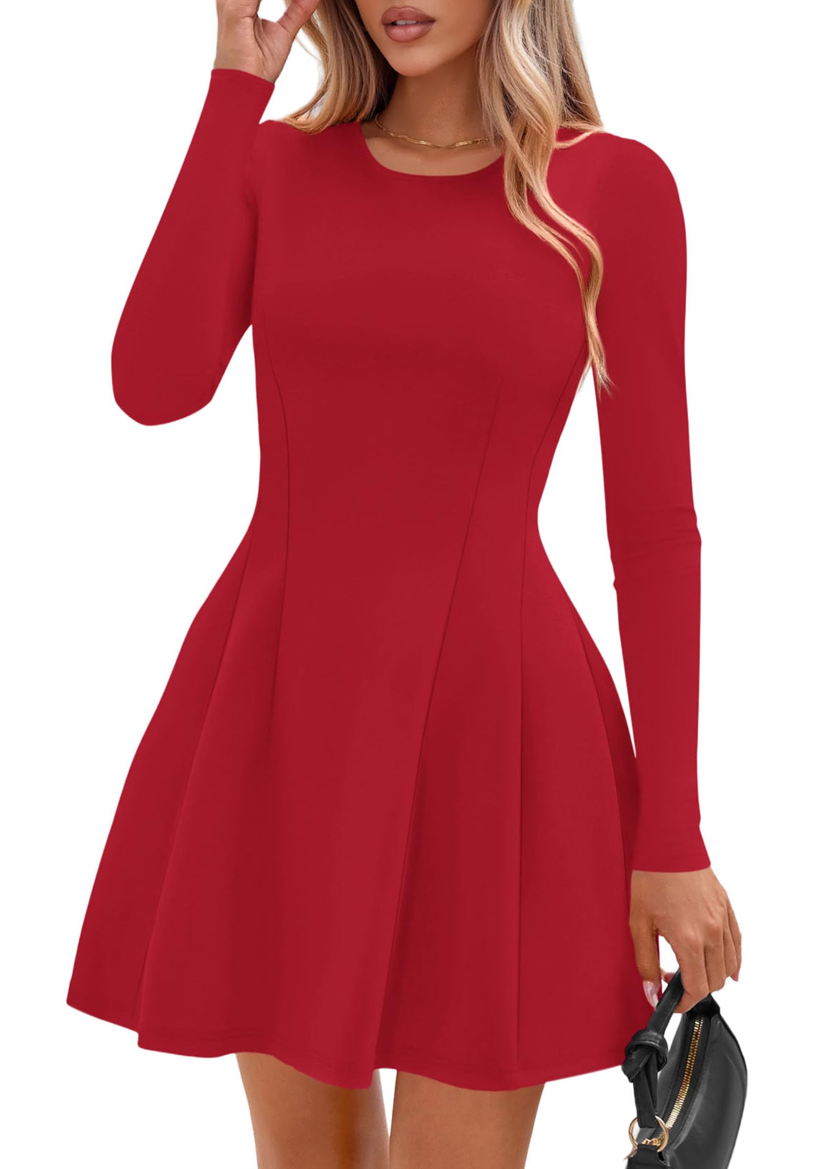 Womens Long Sleeve Pleated Mini Dress,Red,M