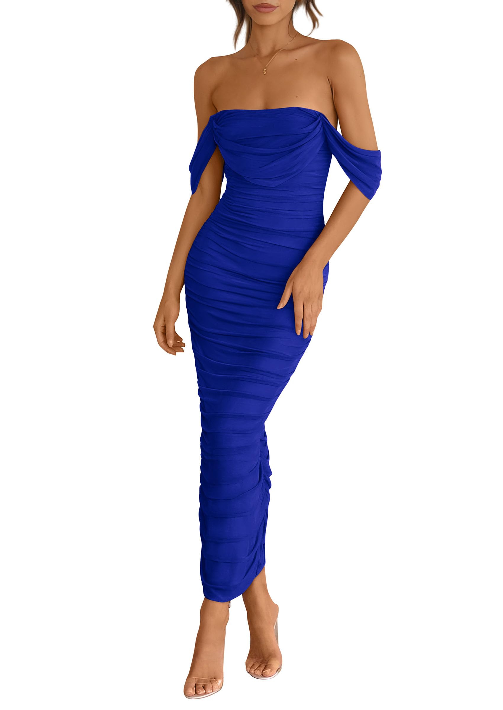 Womens Off Shoulder Maxi Wedding Guest Dress,Bright Blue,S
