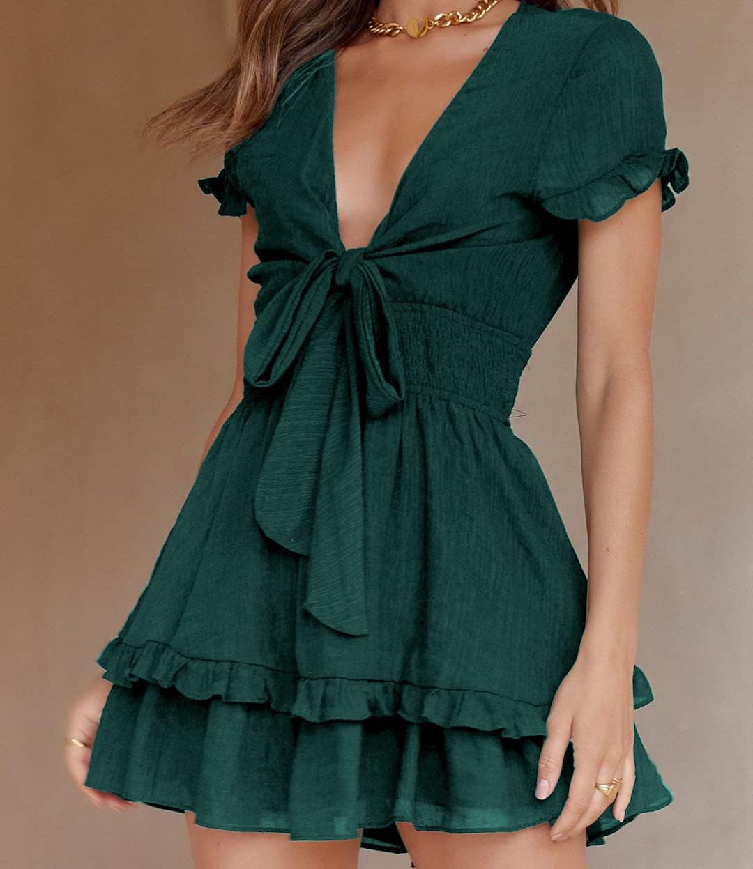 Women's Boho Floral Mini Tiered Bow Dress, Dark Green,S