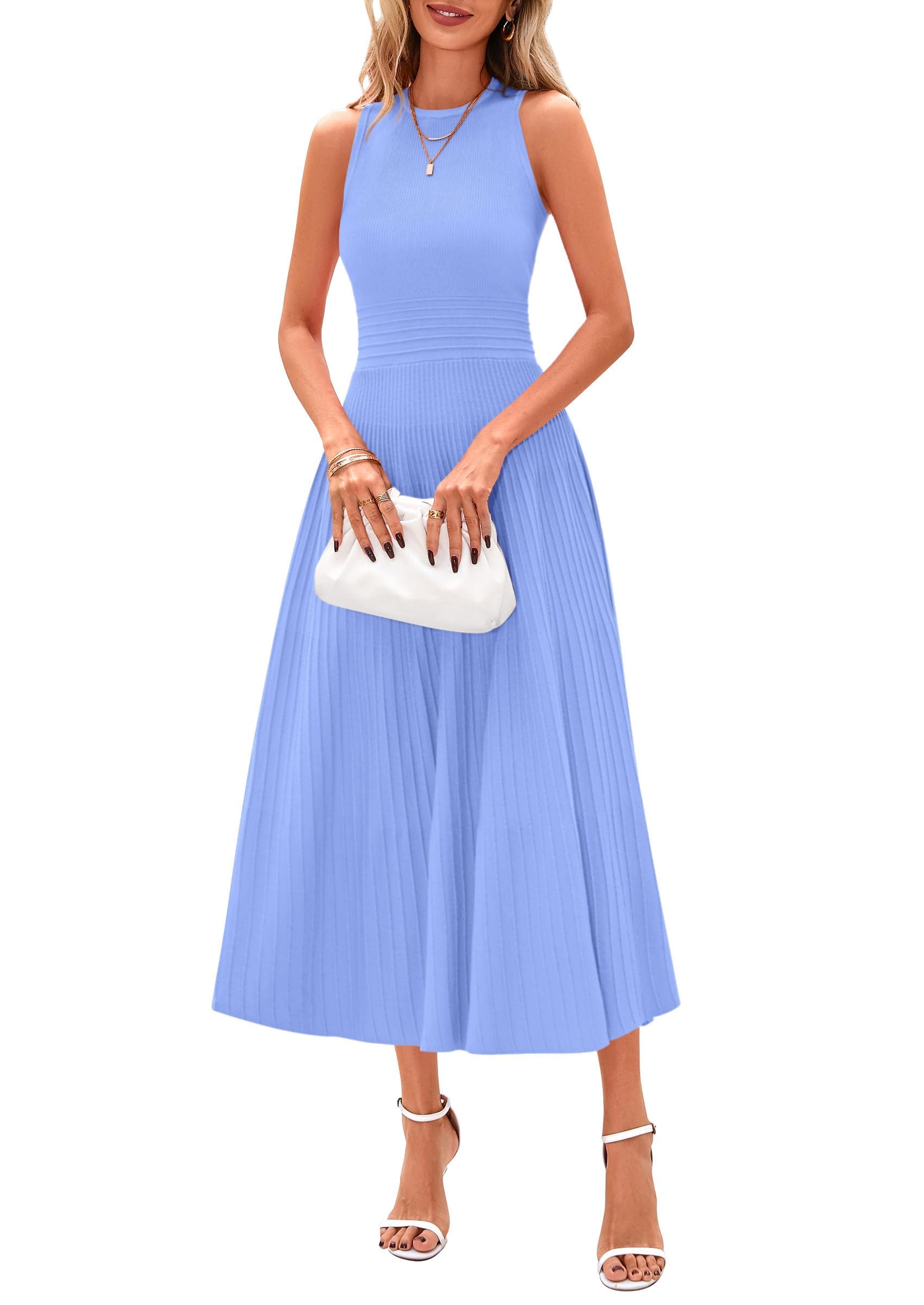 Women's Summer Pleated Midi Work Dress,Sky Blue,M