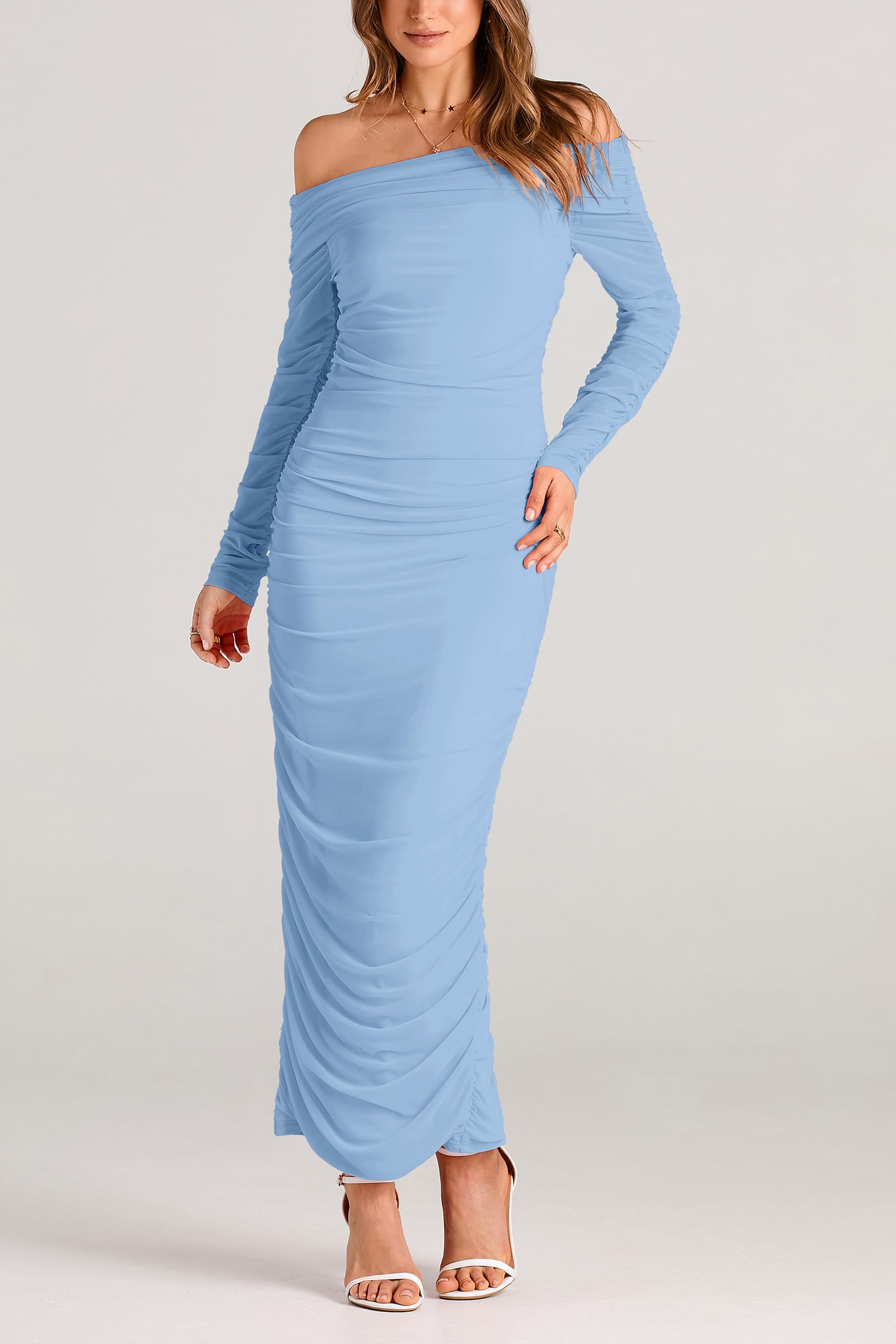 Women's Off the Shoulder Maxi Bodycon Dress, Light Blue,M