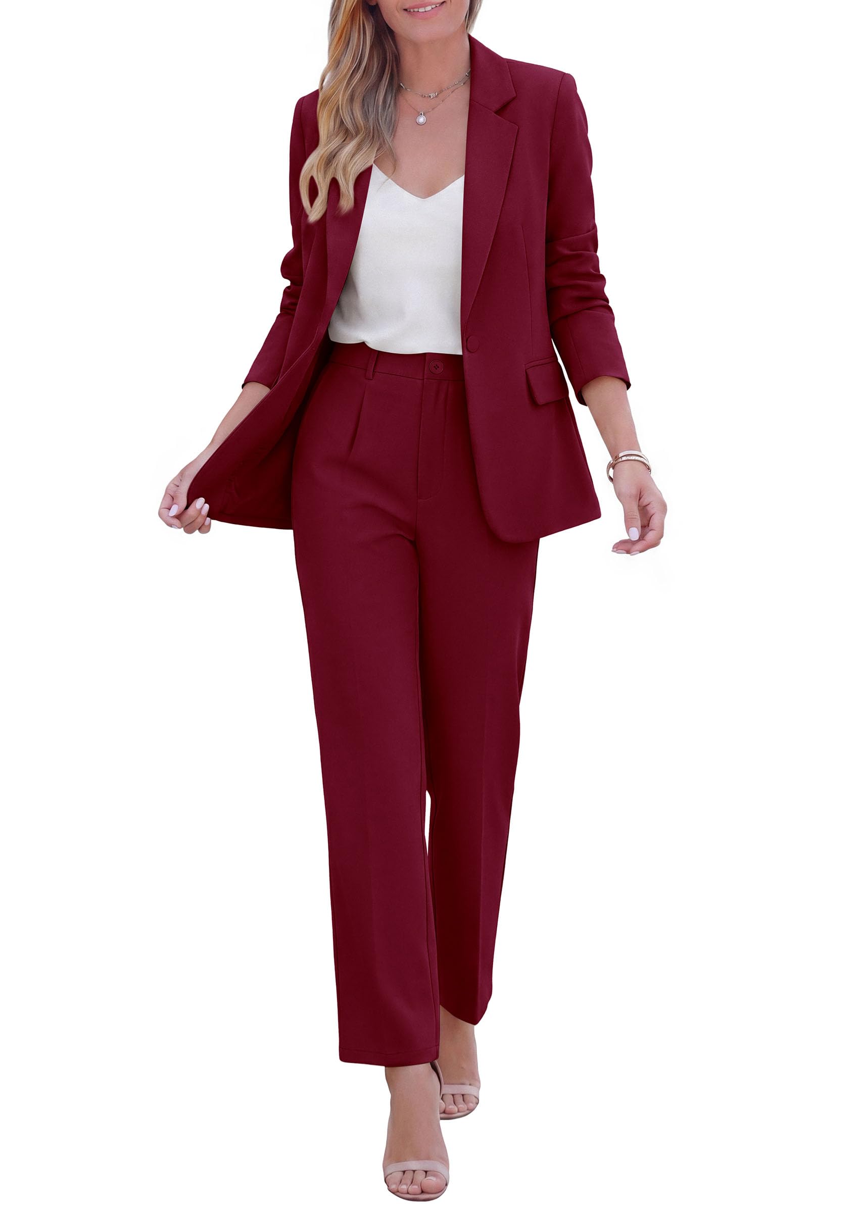 Two Piece Sets for Women Dressy Pant Suits,Wine Red,S