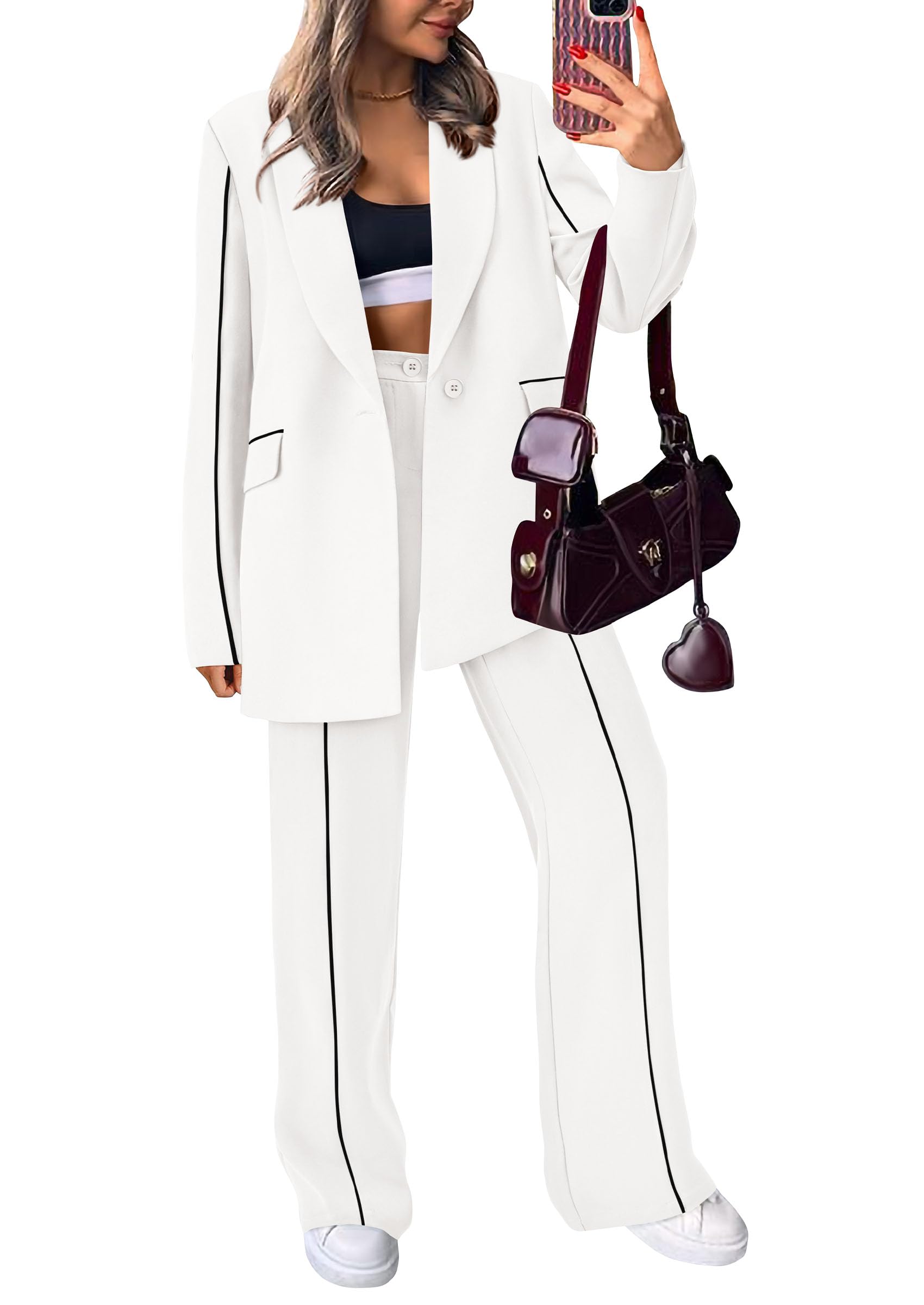Women's 2 Piece Blazer Business Casual Outfits(White,S)