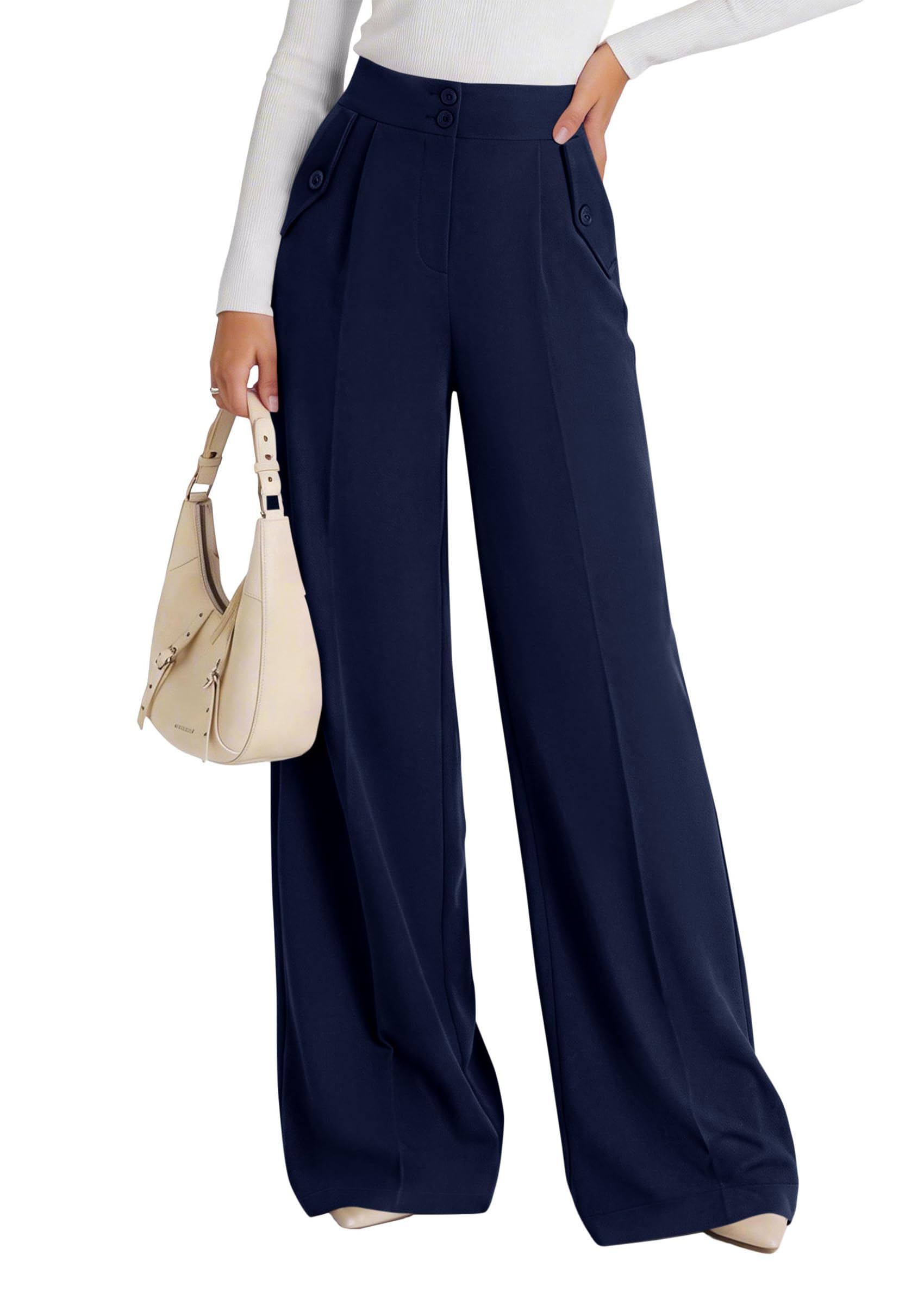 Women's Wide Leg Work Dress Pants Trousers, Navy Blue,S