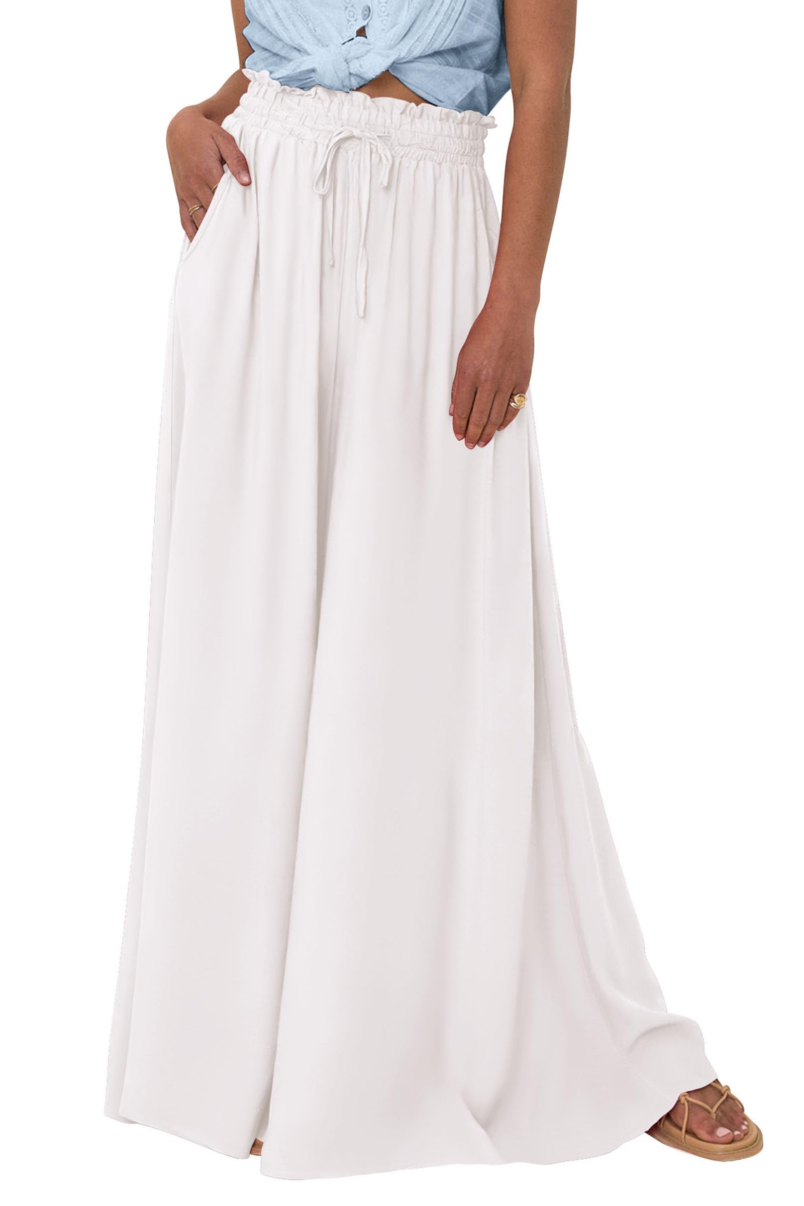 Summer Wide Leg Palazzo Pants for Women Casual,White,S