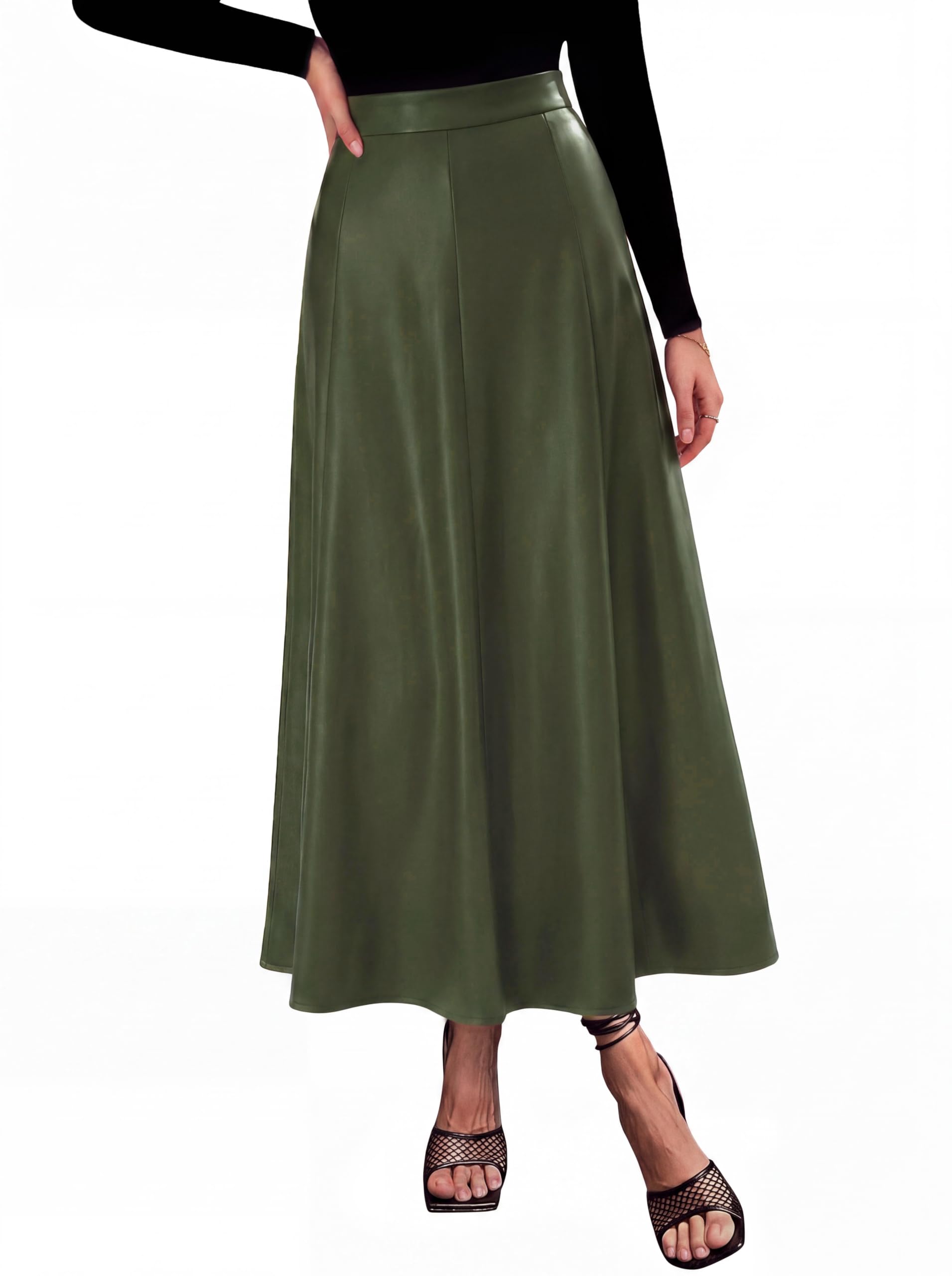 Womens Faux Leather High Waisted Midi Skirt,Army Green,S