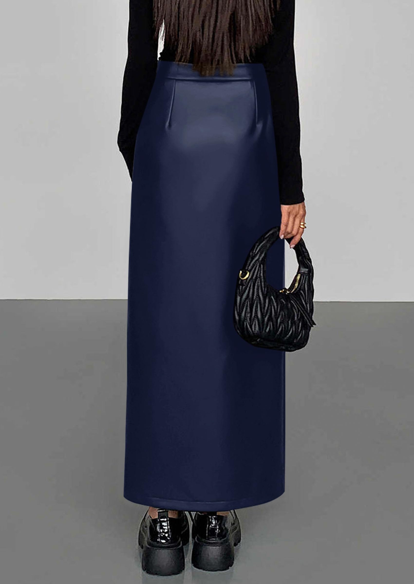 Women's Faux Leather Long Pencil Skirt,Navy Blue,XS