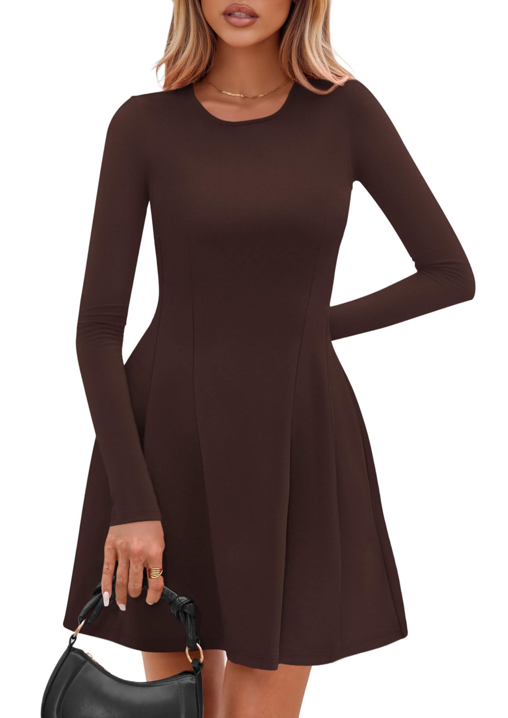 Womens Long Sleeve Pleated Mini Dress,Brown,XS