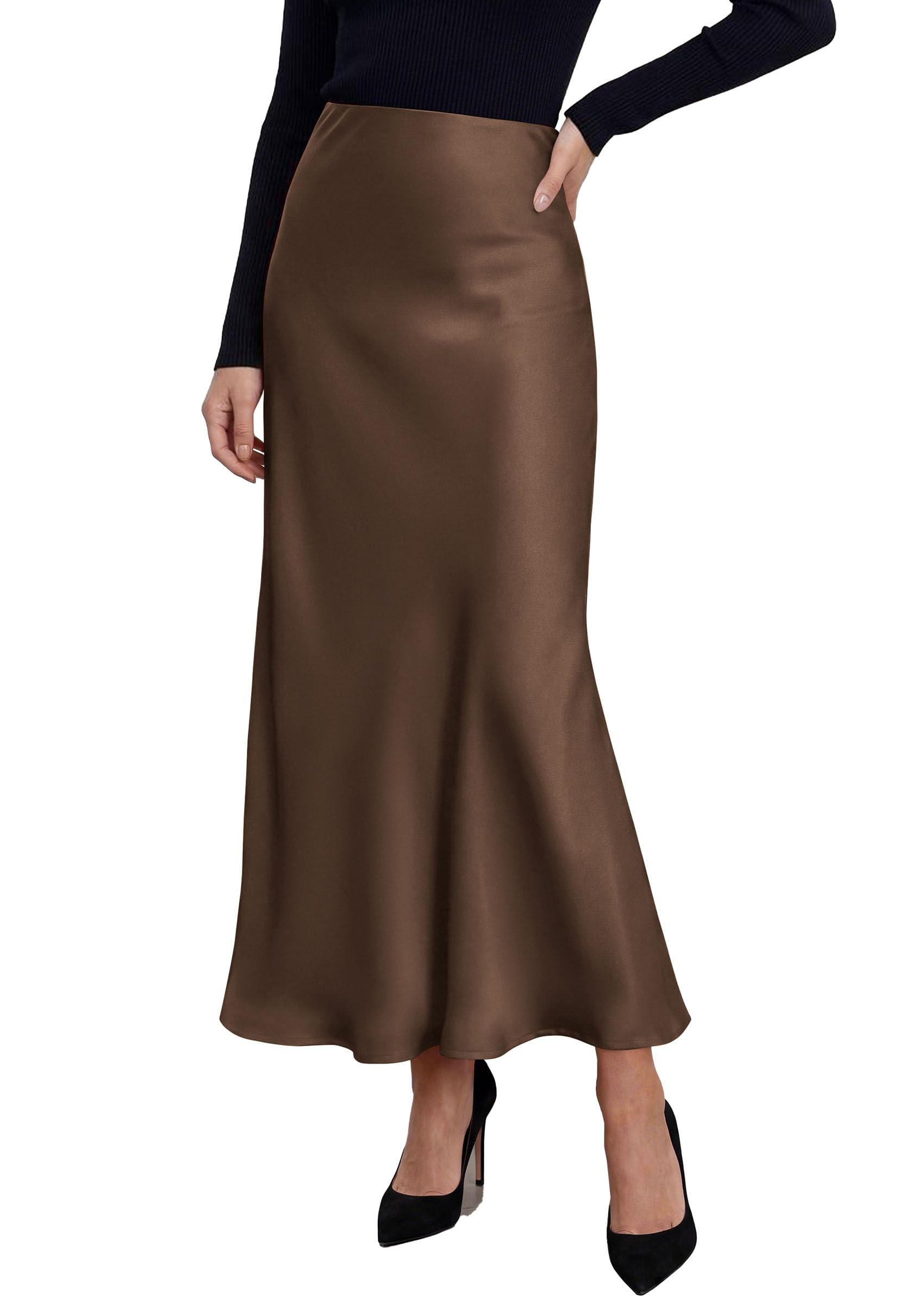 Women's Silk Satin Maxi Skirts Fall Clothes (Brown,L)