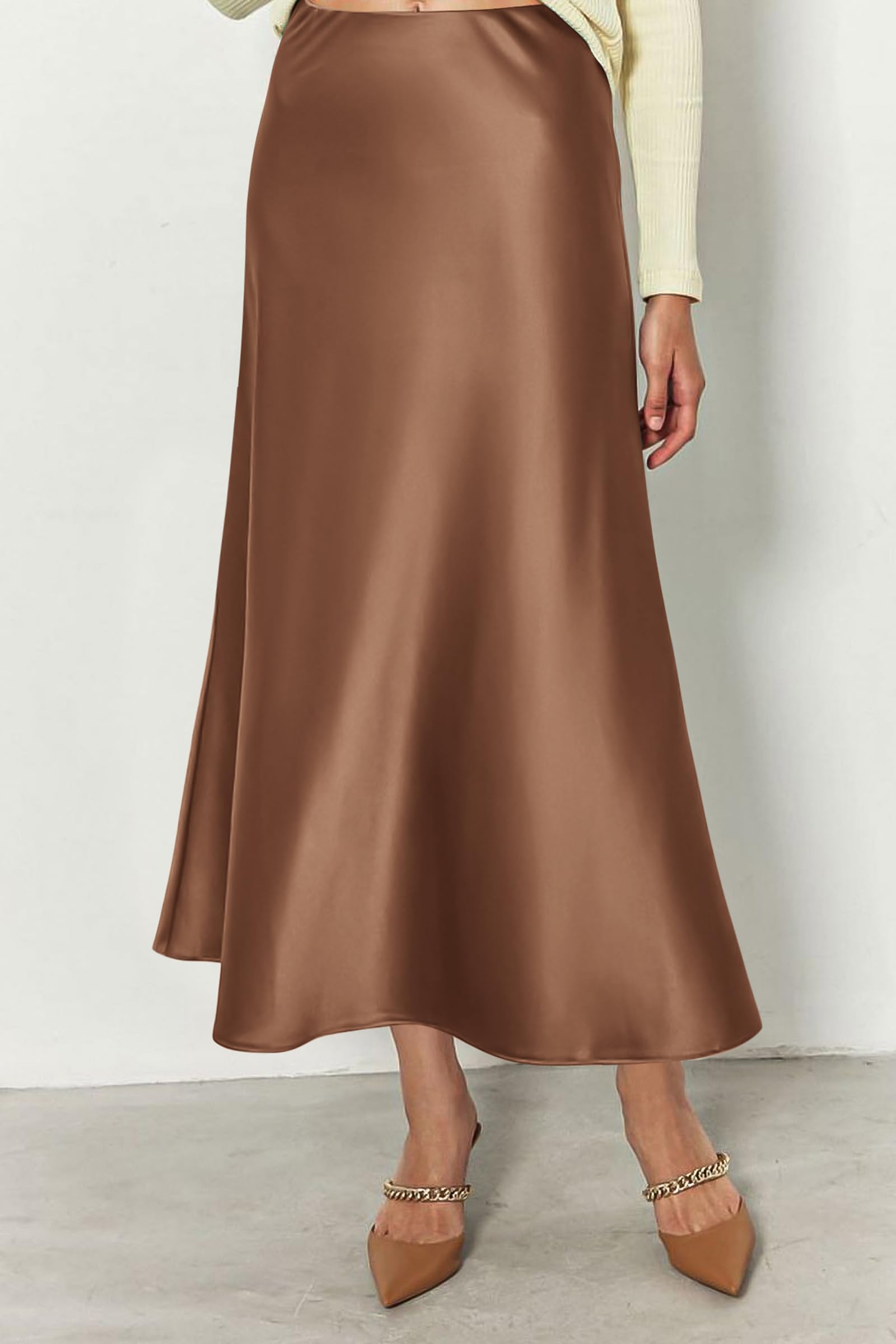 Women's Satin Midi Skirts Dressy Casual,Coffee,S