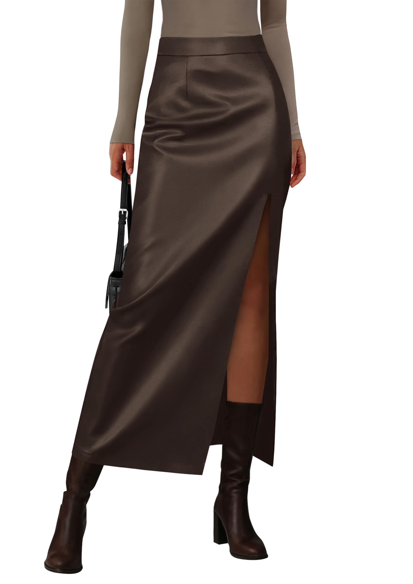 Women's Faux Leather Long Pencil Skirt,Brown,XS